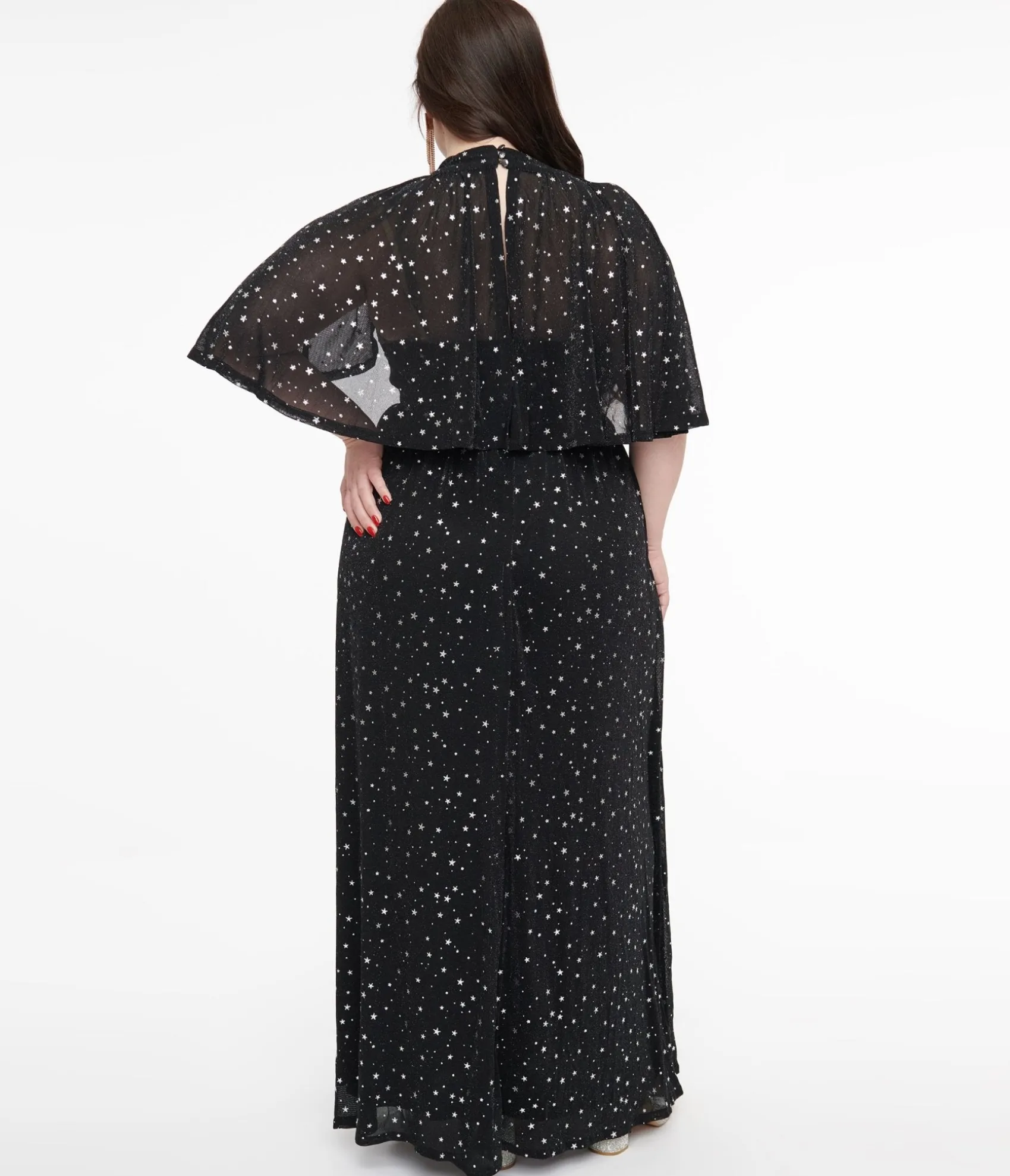 Unique Vintage Smak Parlour Plus Size 1970s Black & Silver Star Cape Maxi Dress Clearance