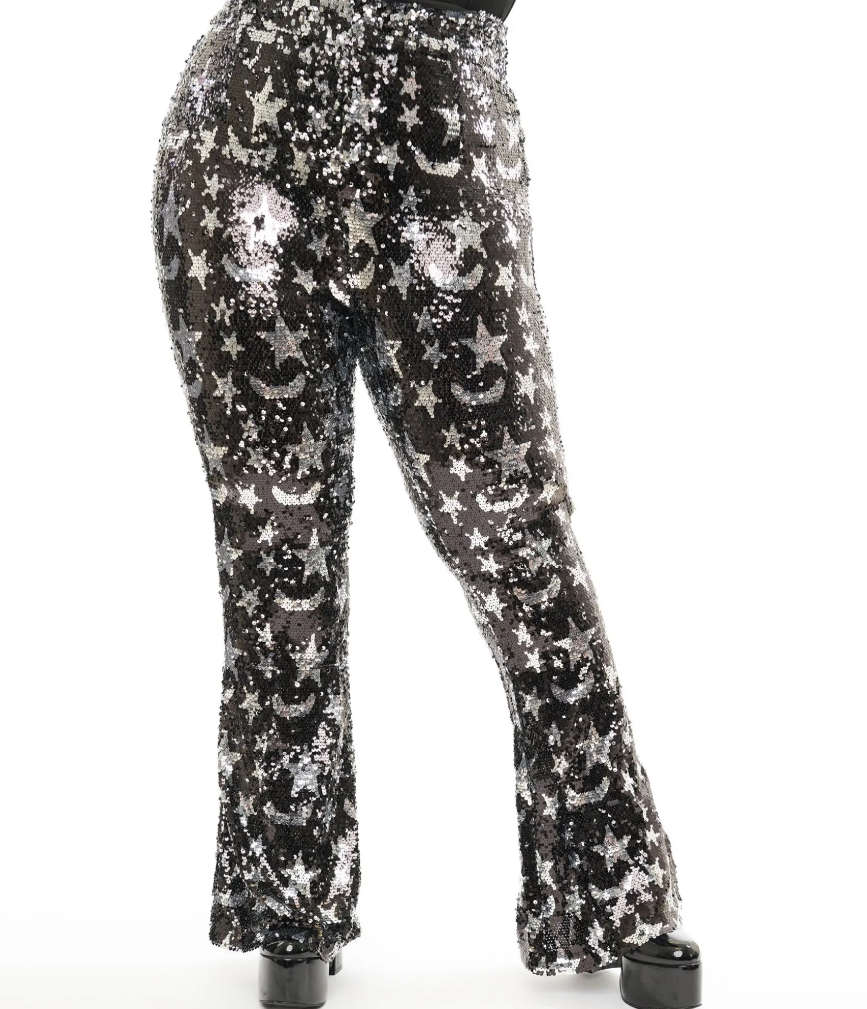 Unique Vintage Smak Parlour Plus Size 1960s Black & Silver Star Sequin High Waist Flare Pants Shop