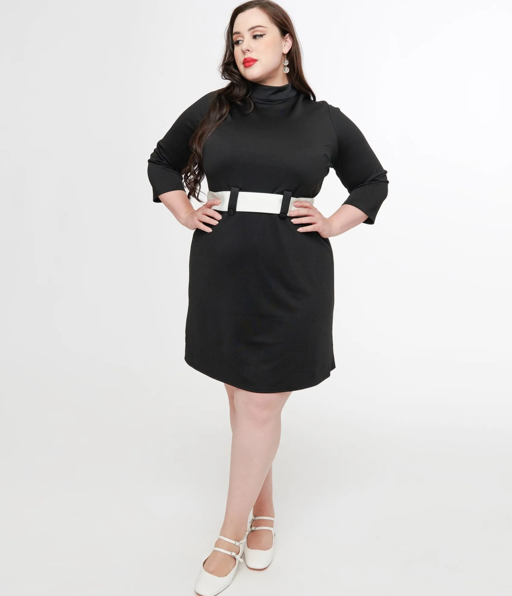 Unique Vintage Smak Parlour Plus Size 1960s Black & White Belted A-Line Dress Cheap