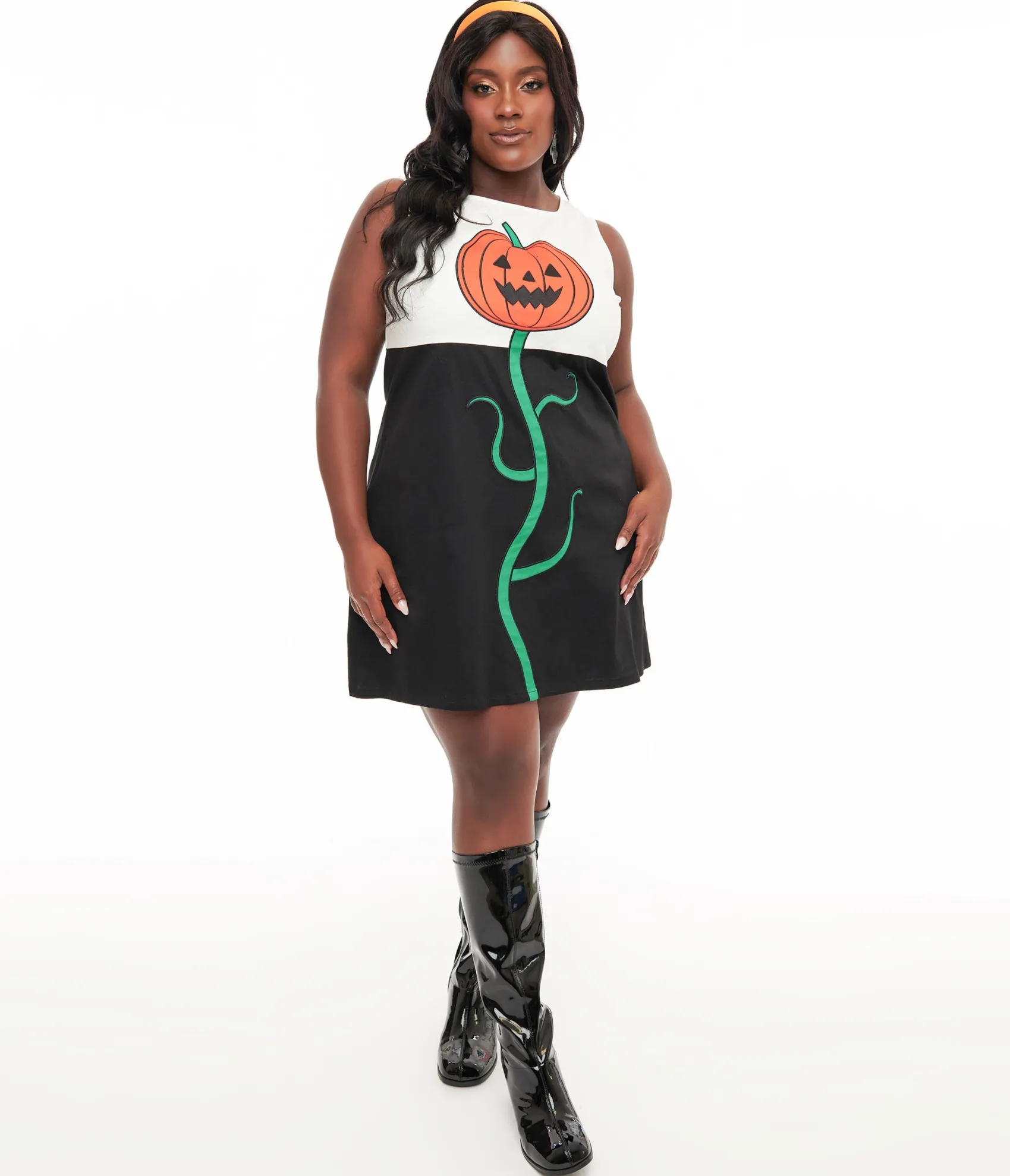 Unique Vintage Smak Parlour Plus Size 1960s Black & White Pumpkin Head Shift Dress Best Sale