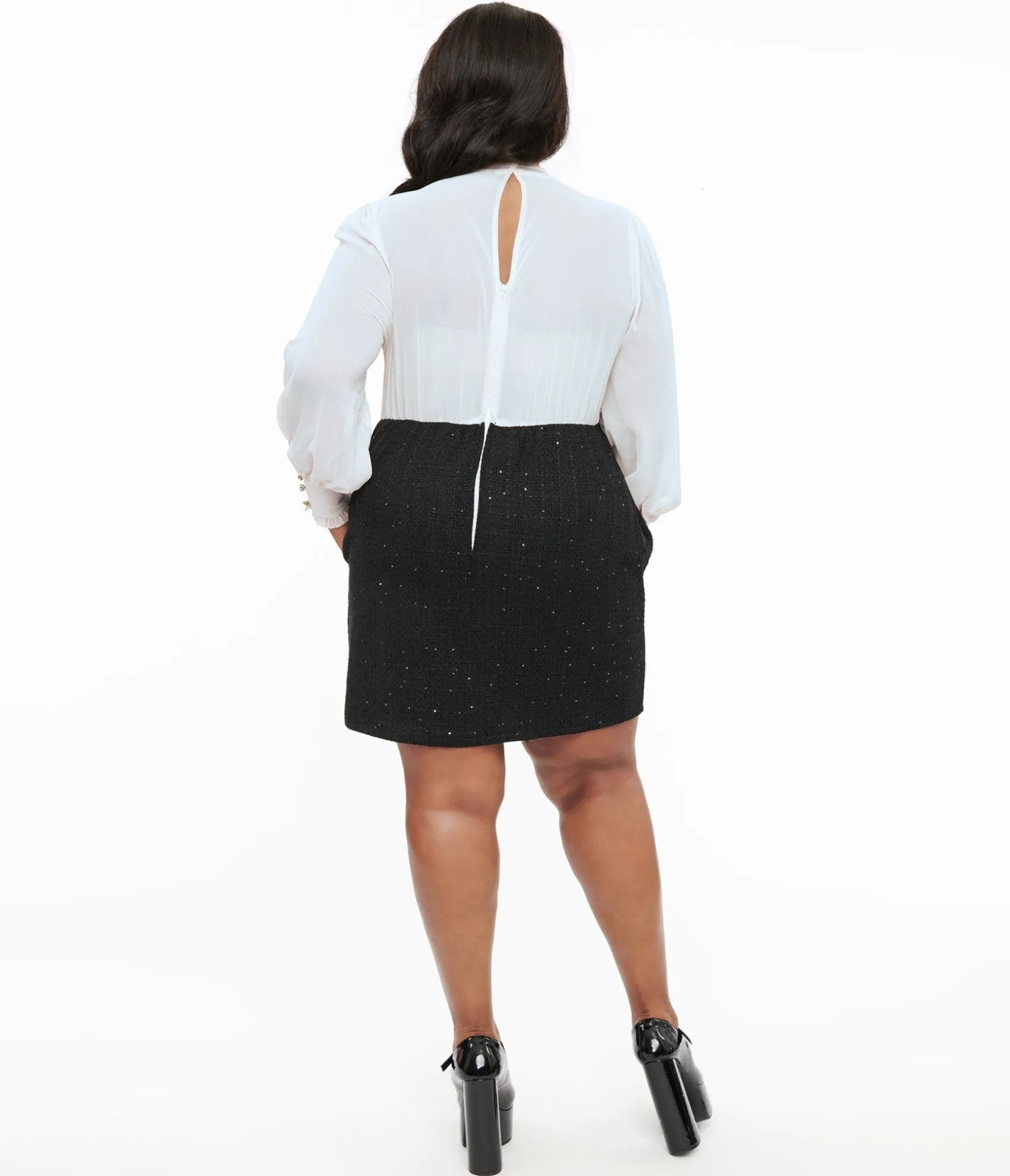 Unique Vintage Smak Parlour Plus Size 1960s Black & White Ruffle Neck A-Line Dress Flash Sale