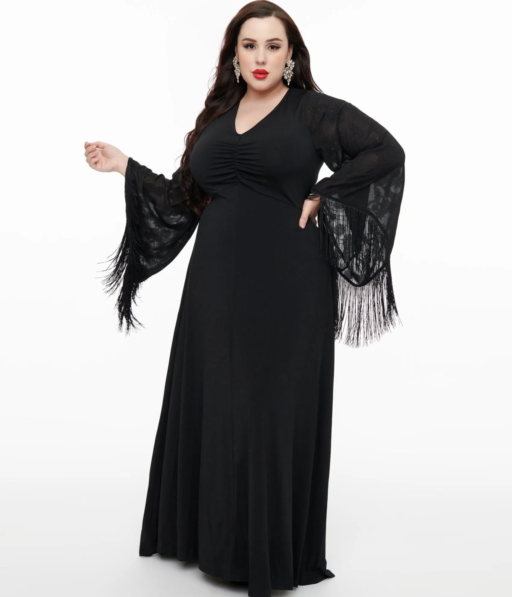 Unique Vintage Smak Parlour Plus Size 1970s Black Floral Fringe Sleeve Maxi Dress Cheap