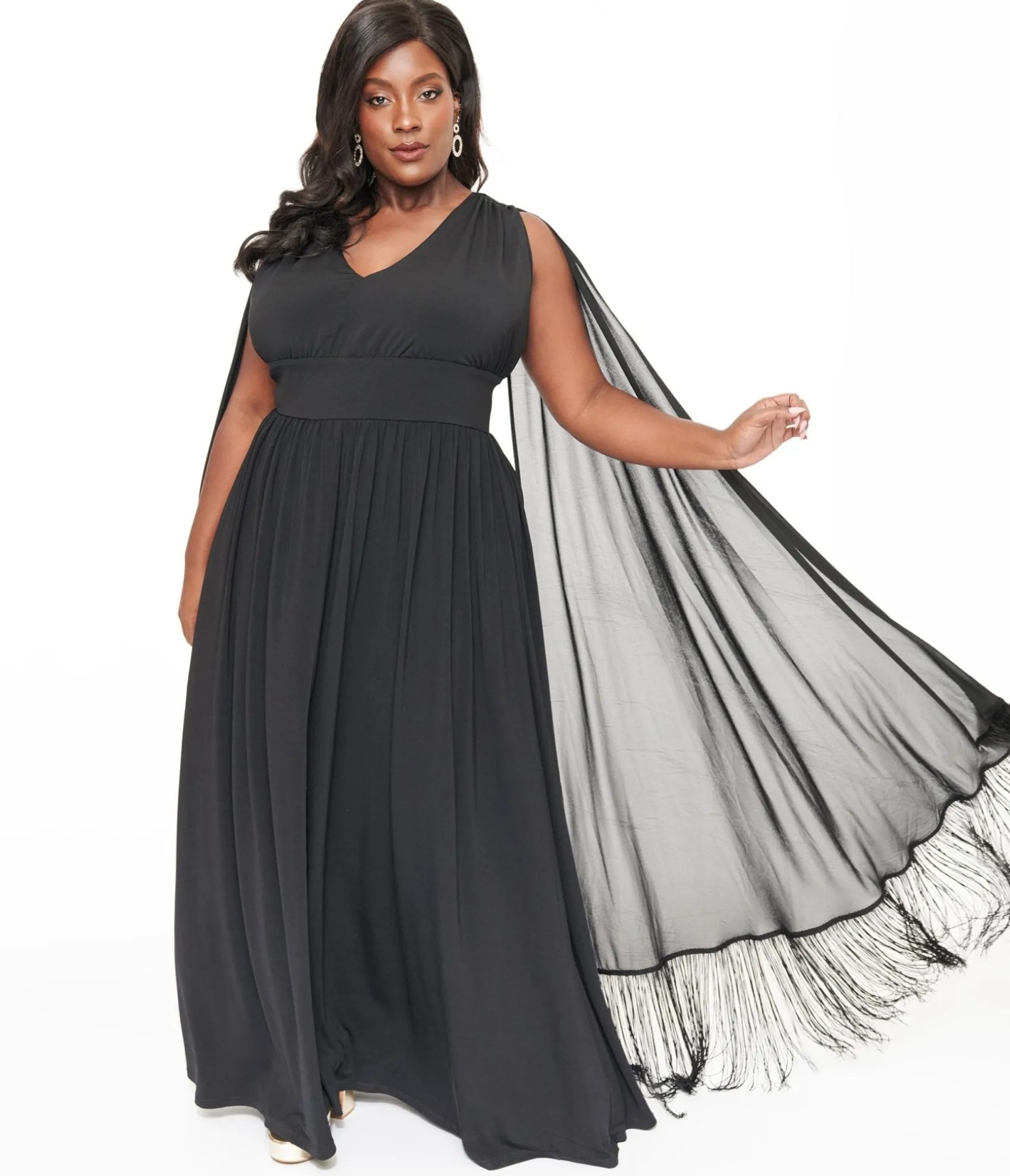 Unique Vintage Smak Parlour Plus Size 1970s Black Fringe Cape Maxi Dress Cheap