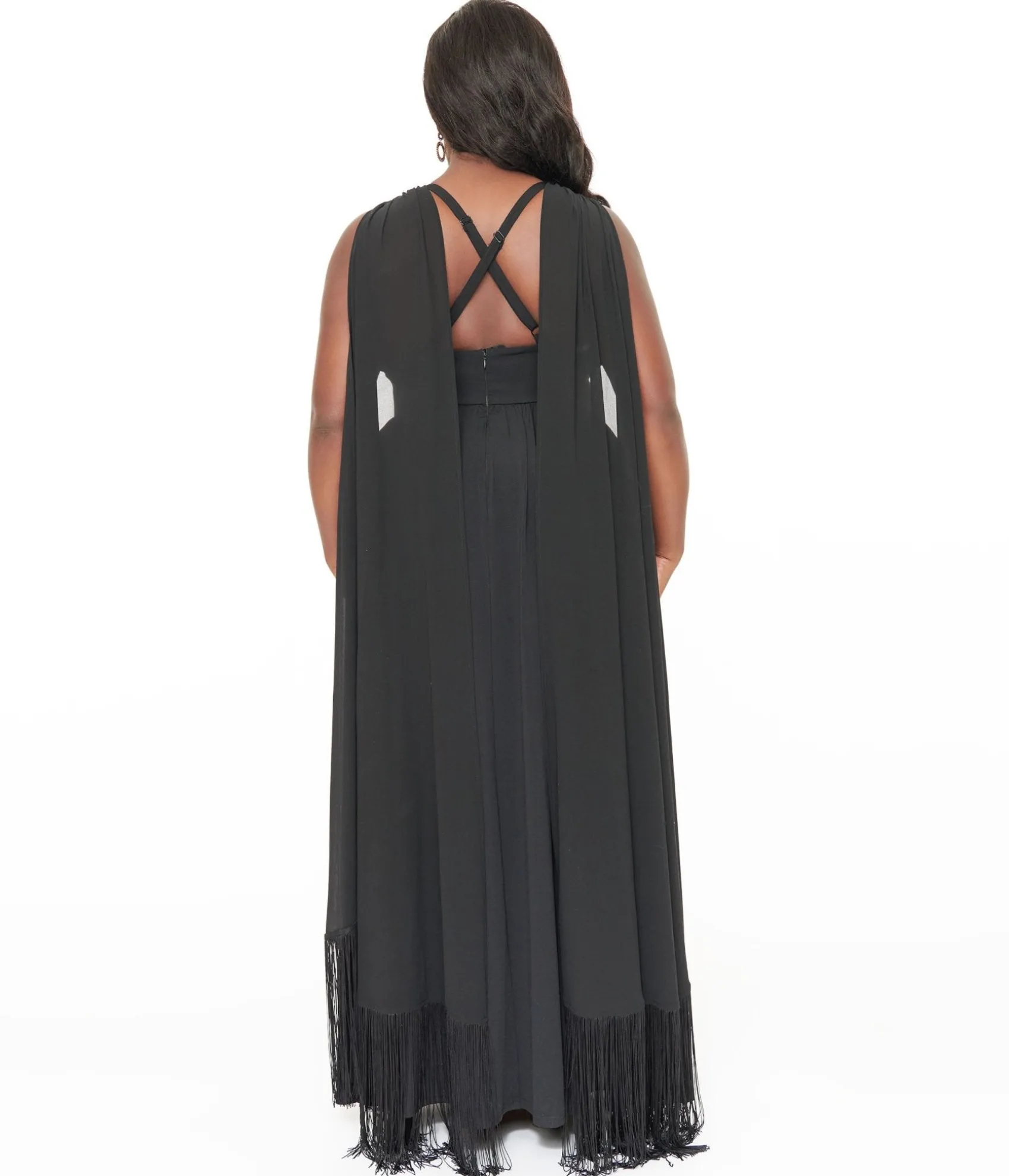 Unique Vintage Smak Parlour Plus Size 1970s Black Fringe Cape Maxi Dress Cheap