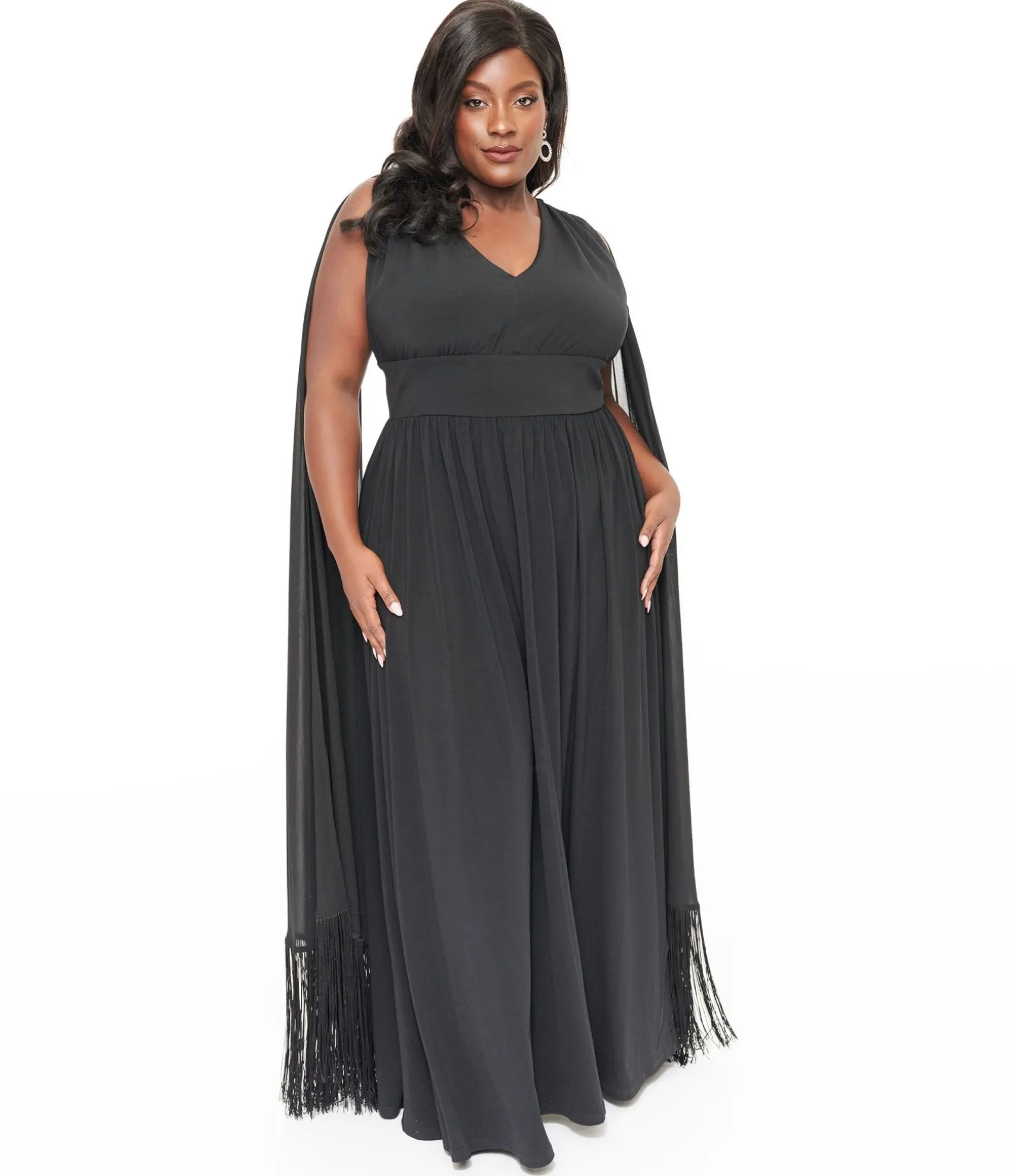 Unique Vintage Smak Parlour Plus Size 1970s Black Fringe Cape Maxi Dress Cheap