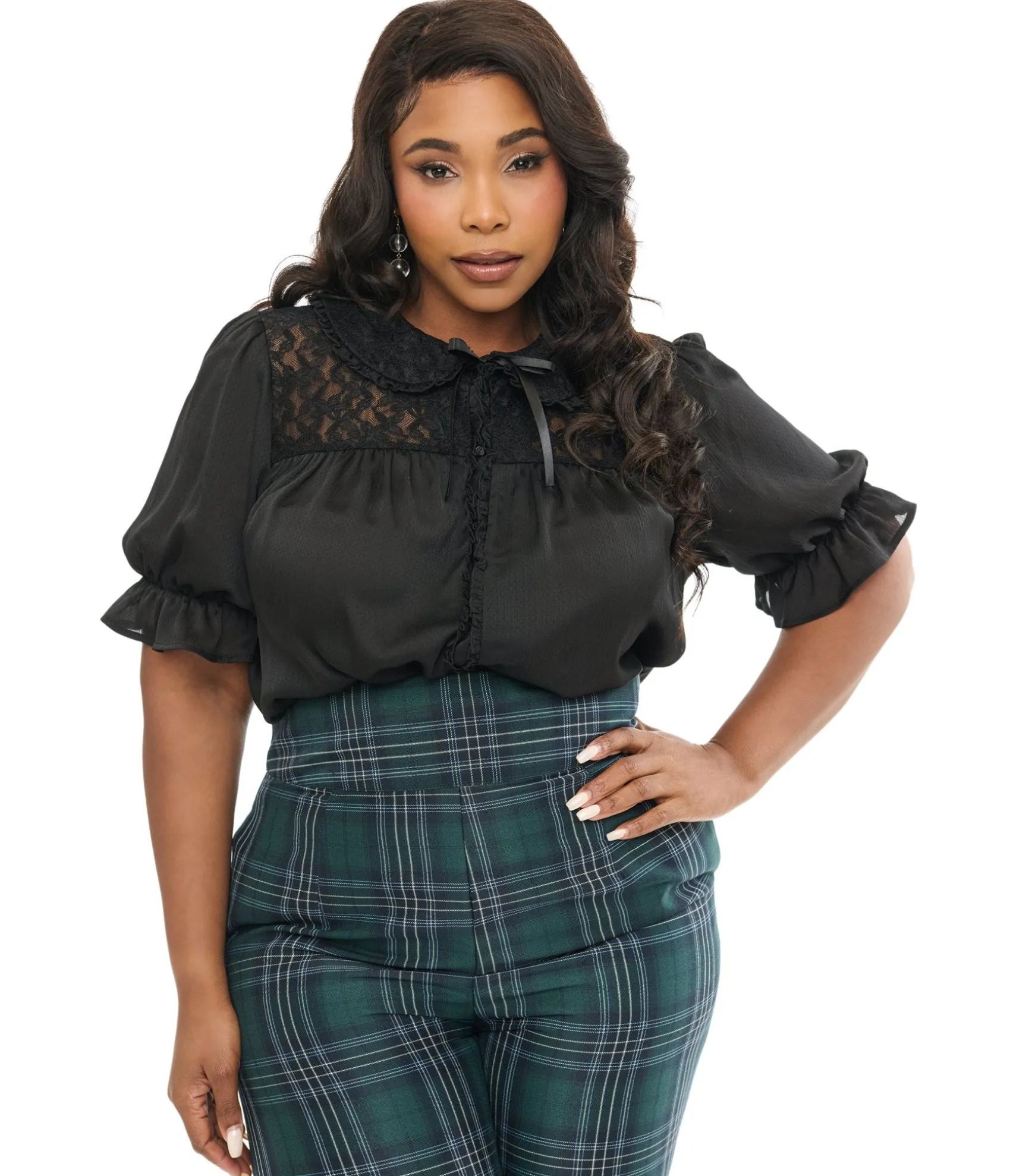 Unique Vintage Smak Parlour Plus Size 1960s Black Lace Puff Sleeve Blouse Cheap