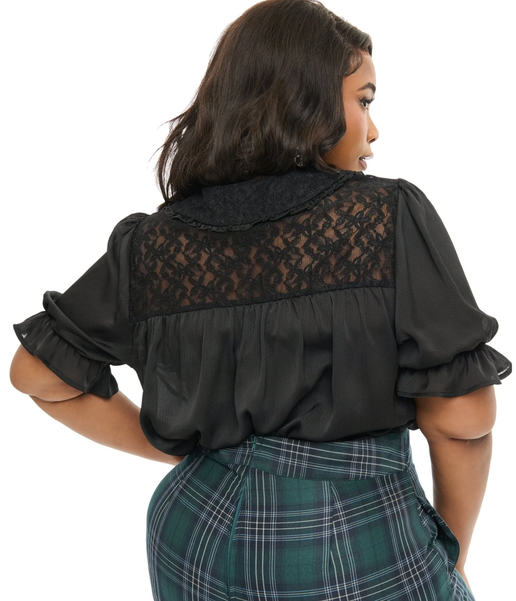 Unique Vintage Smak Parlour Plus Size 1960s Black Lace Puff Sleeve Blouse Cheap