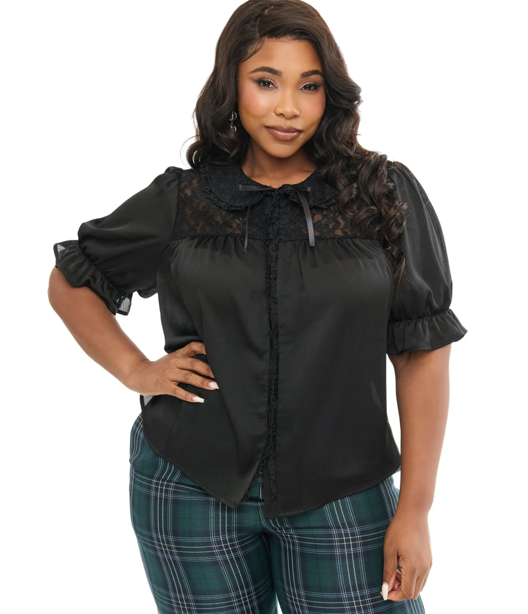 Unique Vintage Smak Parlour Plus Size 1960s Black Lace Puff Sleeve Blouse Cheap