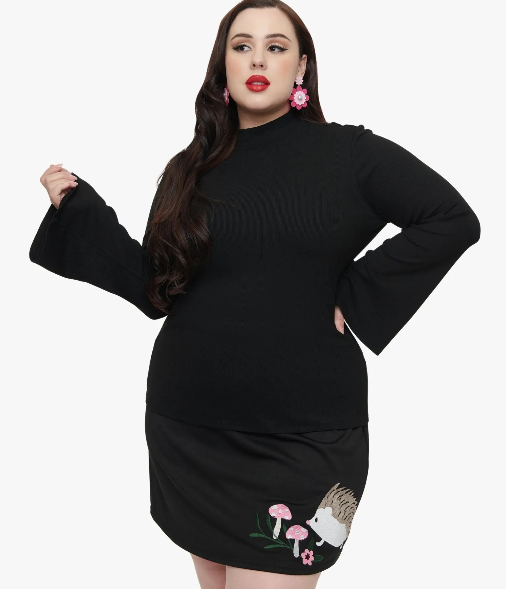 Unique Vintage Smak Parlour Plus Size 1960s Black Mock Neck Bell Sleeve Top Best Sale