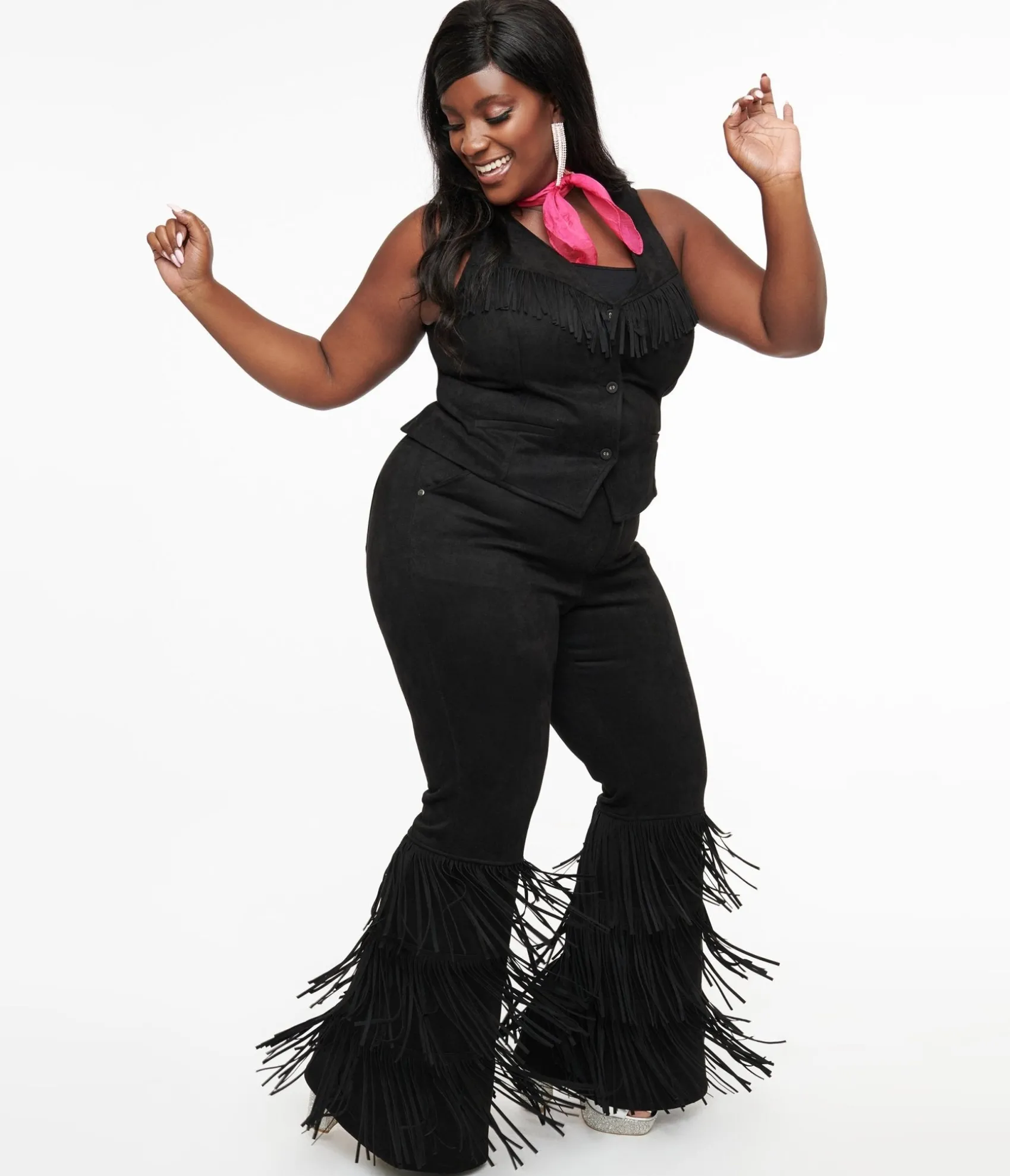 Unique Vintage Smak Parlour Plus Size 1970s Black Suede Tassel Flare Pants Best