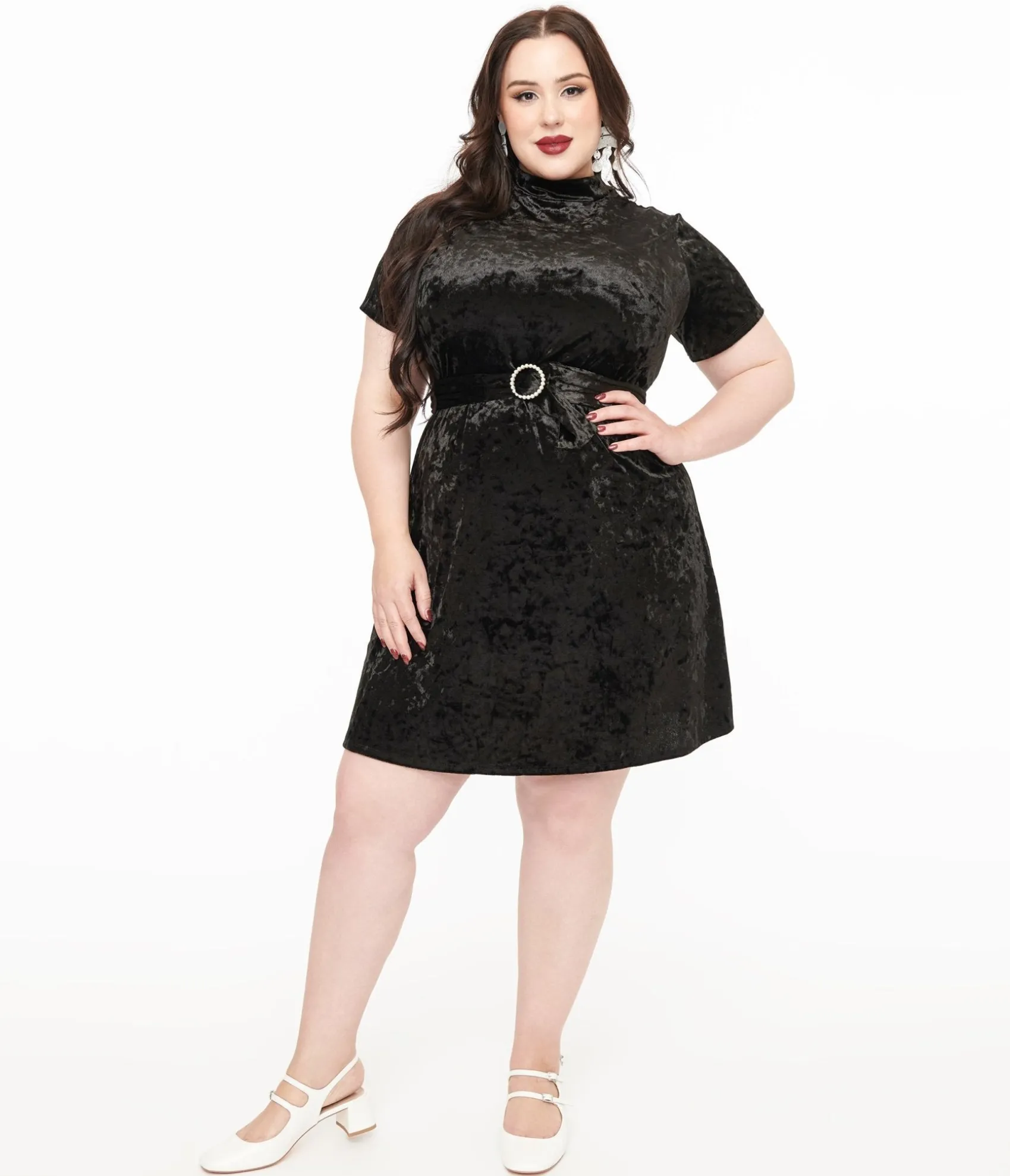 Unique Vintage Smak Parlour Plus Size 1960s Black Velvet Mock Turtleneck Wave Maker Mini Dress Best Sale