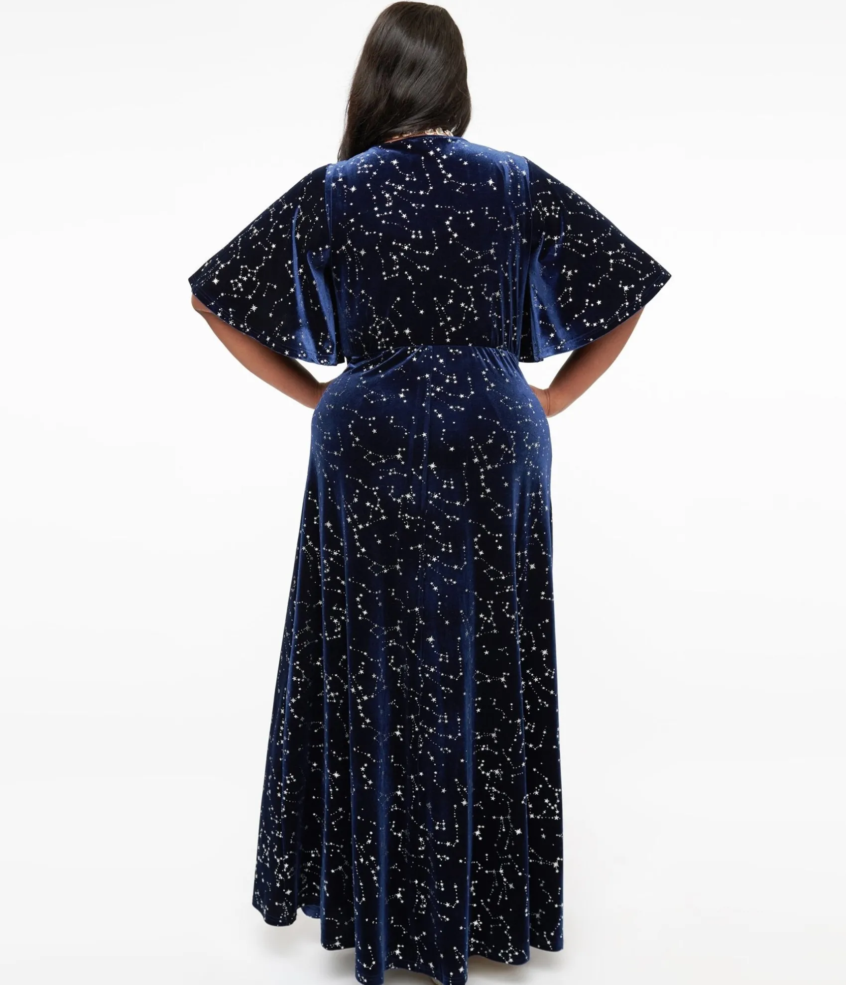 Unique Vintage Smak Parlour Plus Size 1970s Blue Velvet Silver Stars Cutout Maxi Dress Sale