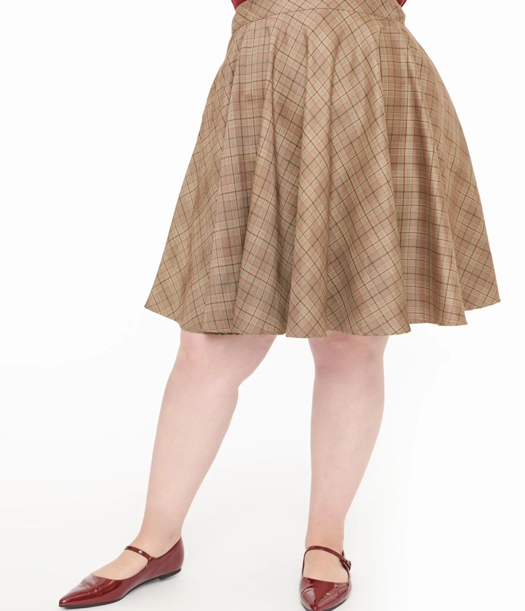 Unique Vintage Smak Parlour Plus Size 1960s Brown & Green Plaid Scene Flare Skirt Sale