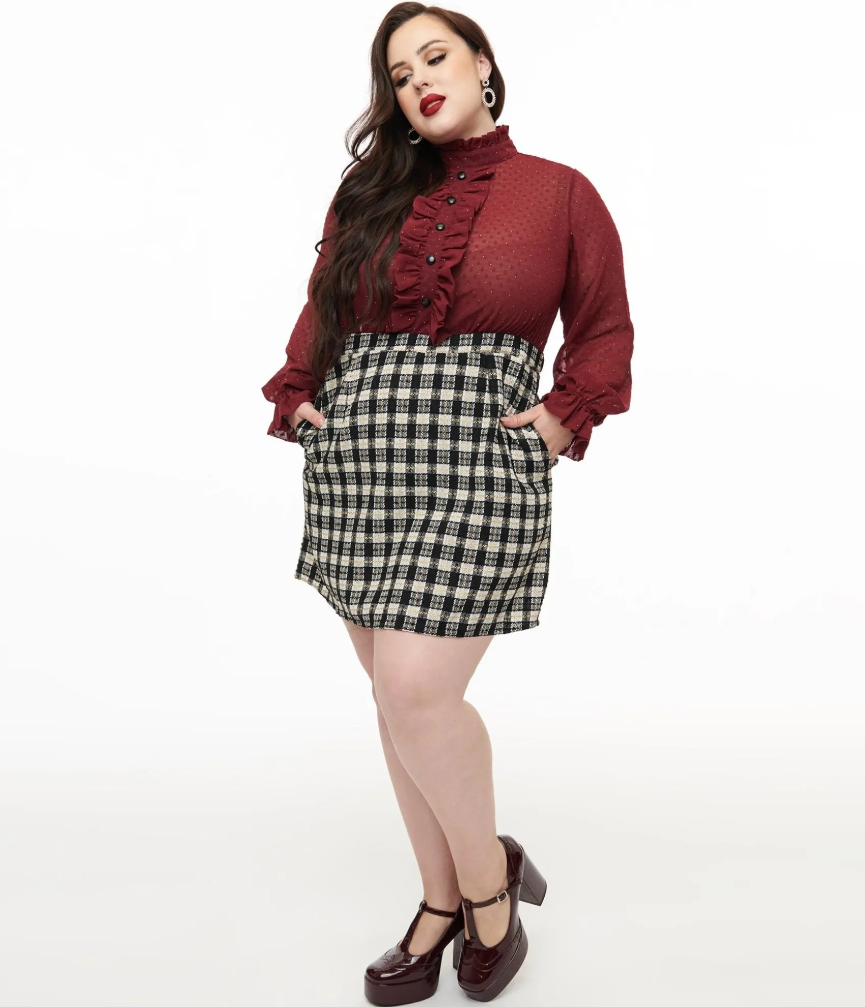 Unique Vintage Smak Parlour Plus Size 1960s Burgundy & Plaid Ruffle Neck Empire A-Line Dress Fashion