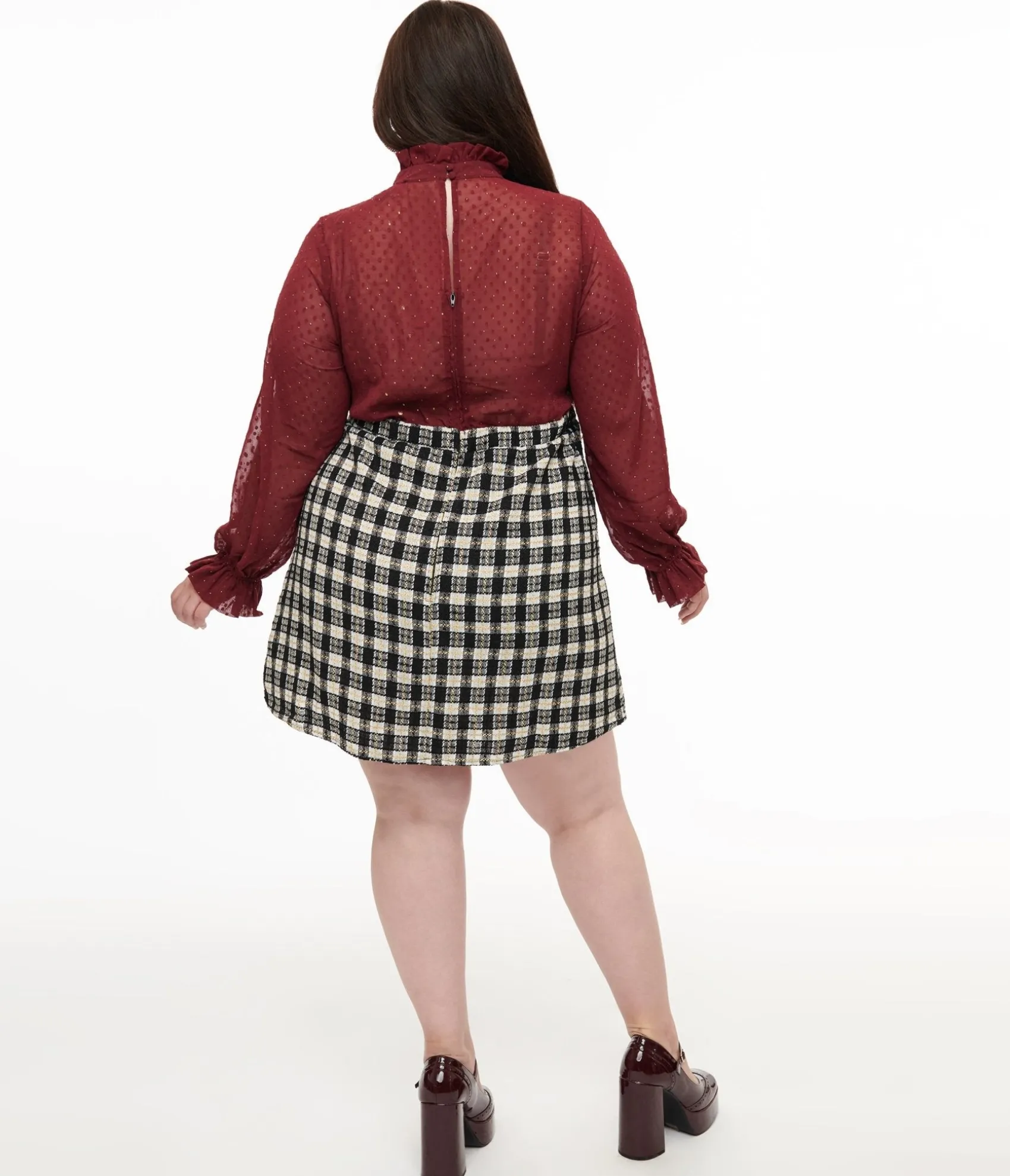 Unique Vintage Smak Parlour Plus Size 1960s Burgundy & Plaid Ruffle Neck Empire A-Line Dress Fashion
