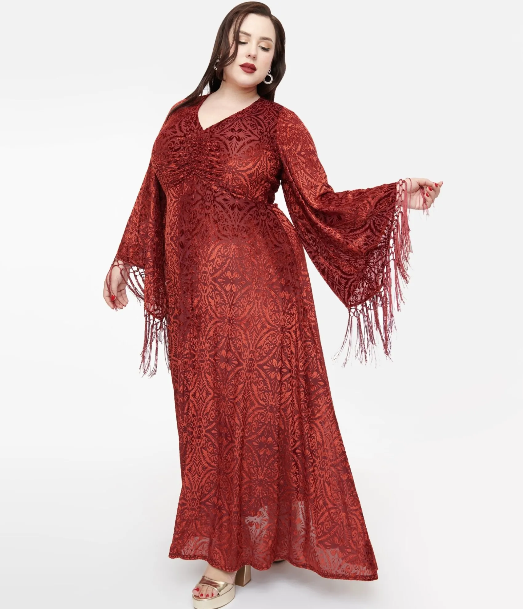 Unique Vintage Smak Parlour Plus Size 1970s Burgundy Velvet Burnout Fringe Sleeve Maxi Dress Hot