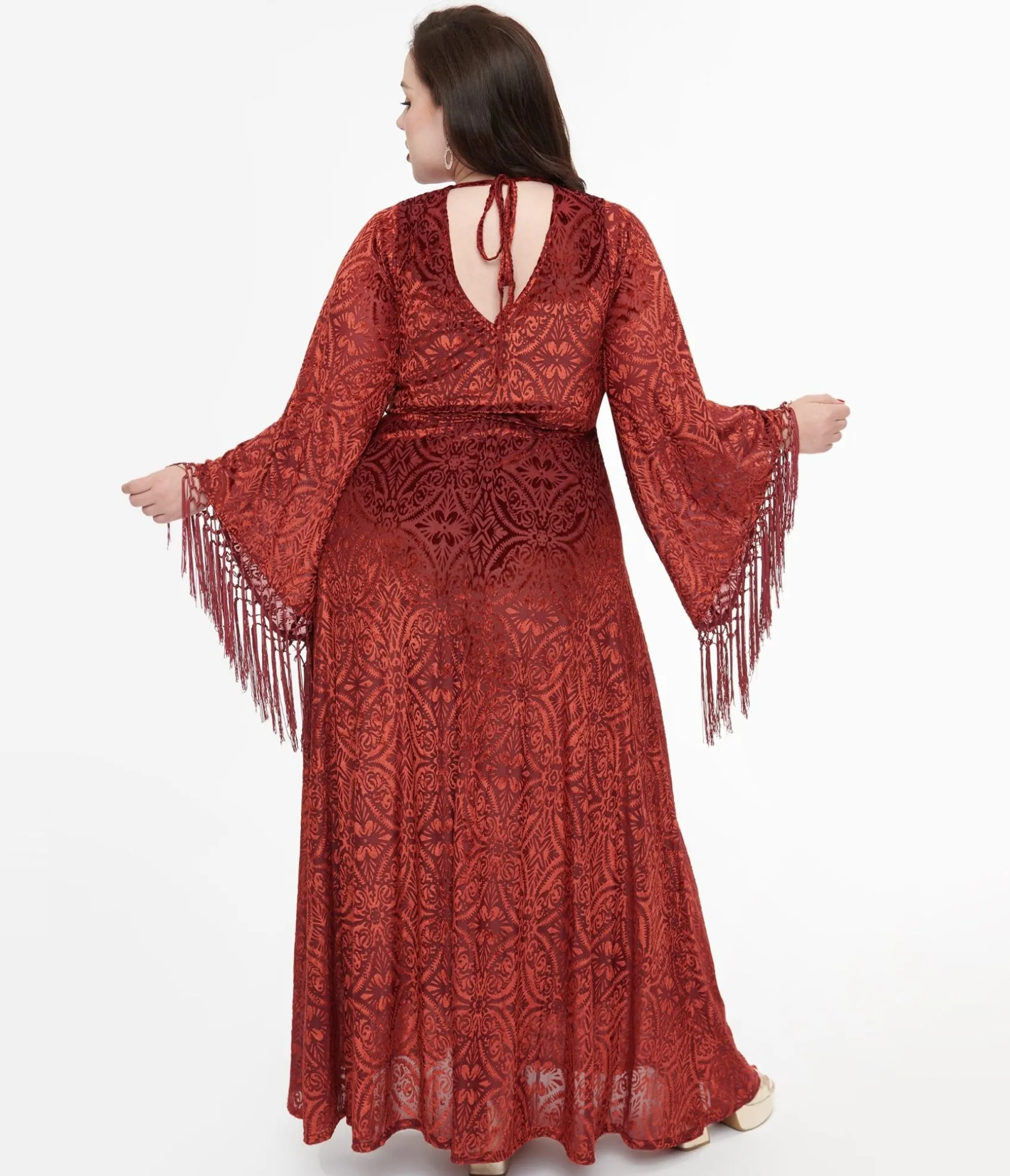 Unique Vintage Smak Parlour Plus Size 1970s Burgundy Velvet Burnout Fringe Sleeve Maxi Dress Hot