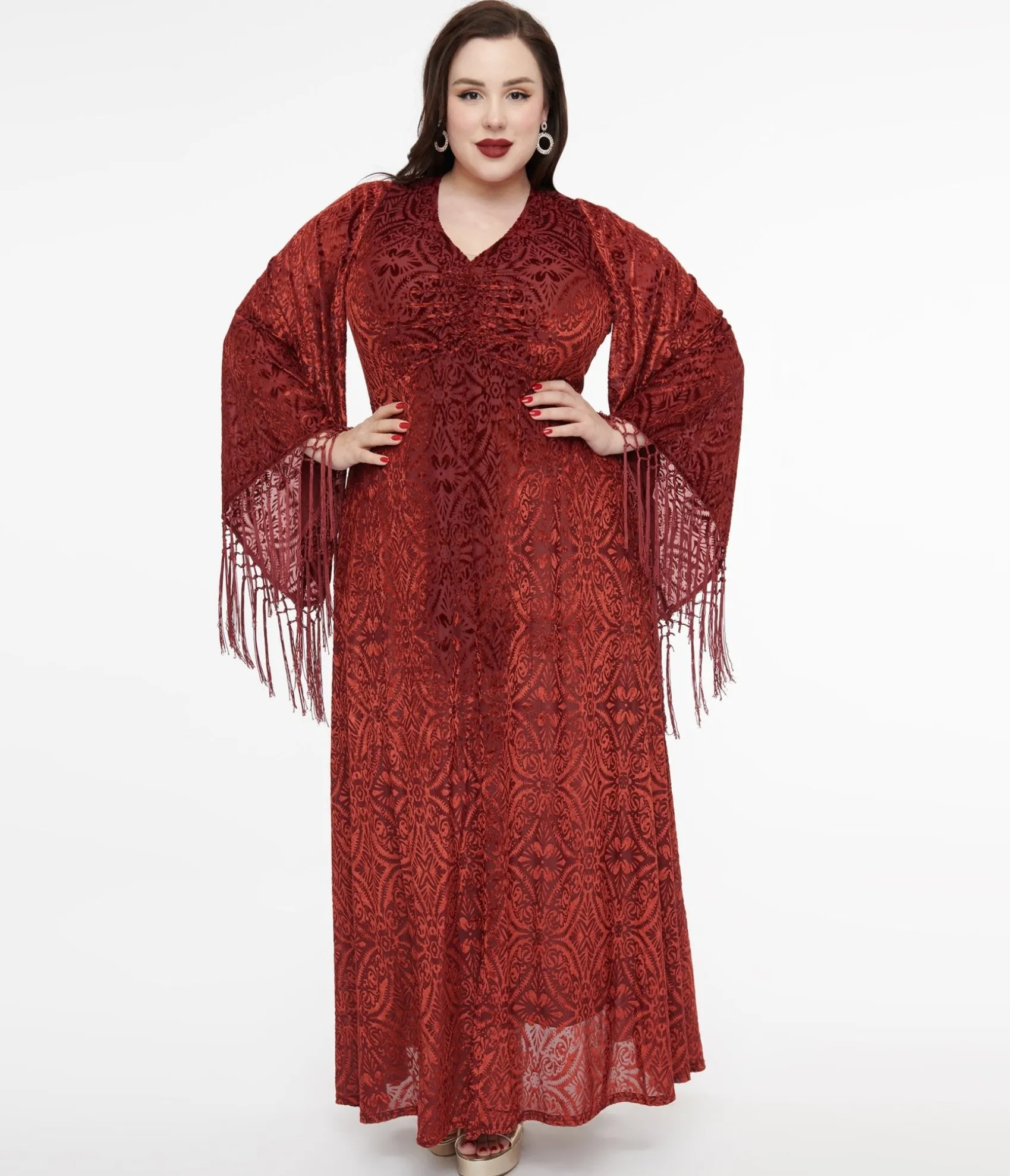 Unique Vintage Smak Parlour Plus Size 1970s Burgundy Velvet Burnout Fringe Sleeve Maxi Dress Hot