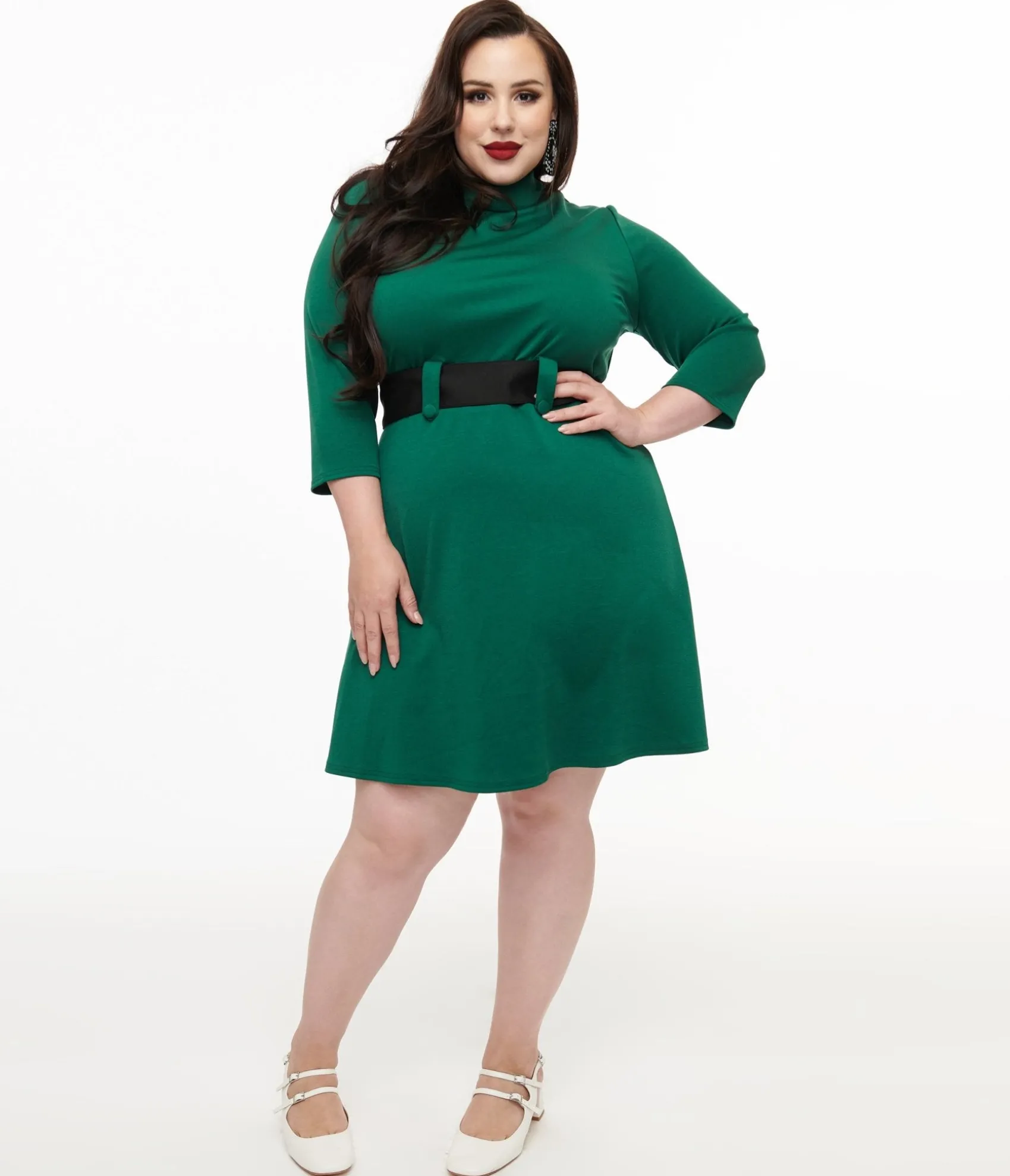 Unique Vintage Smak Parlour Plus Size 1960s Emerald & Black Belted A-Line Dress Sale