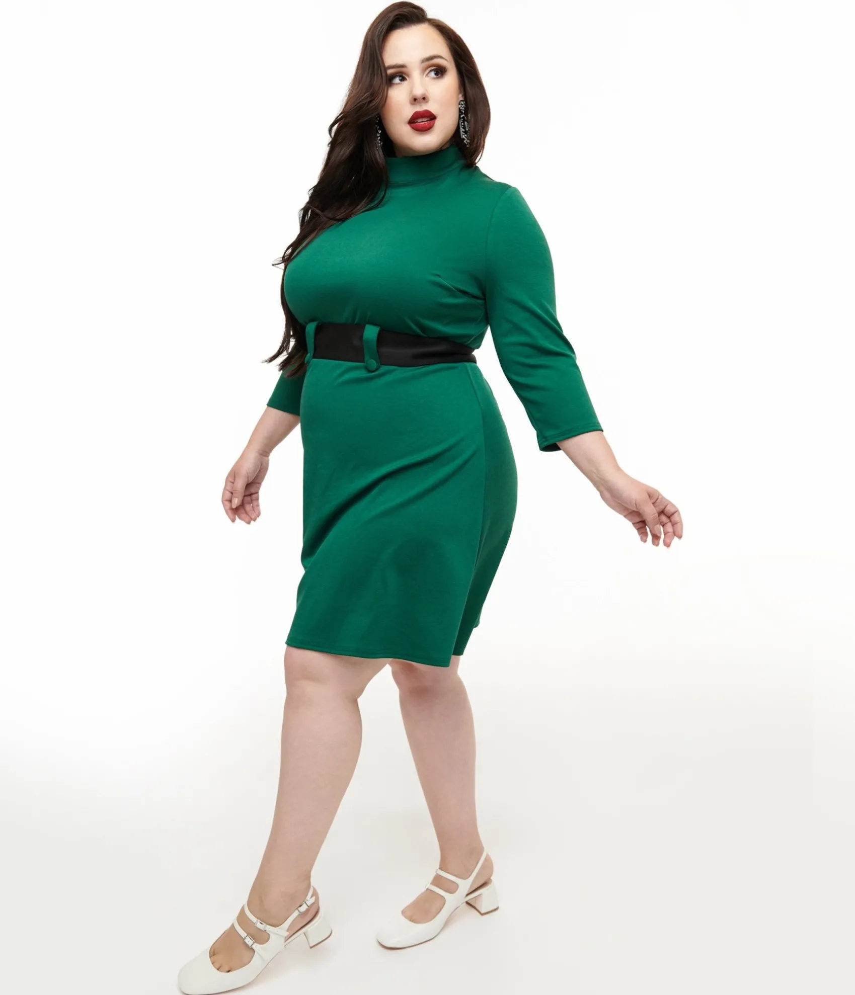 Unique Vintage Smak Parlour Plus Size 1960s Emerald & Black Belted A-Line Dress Sale