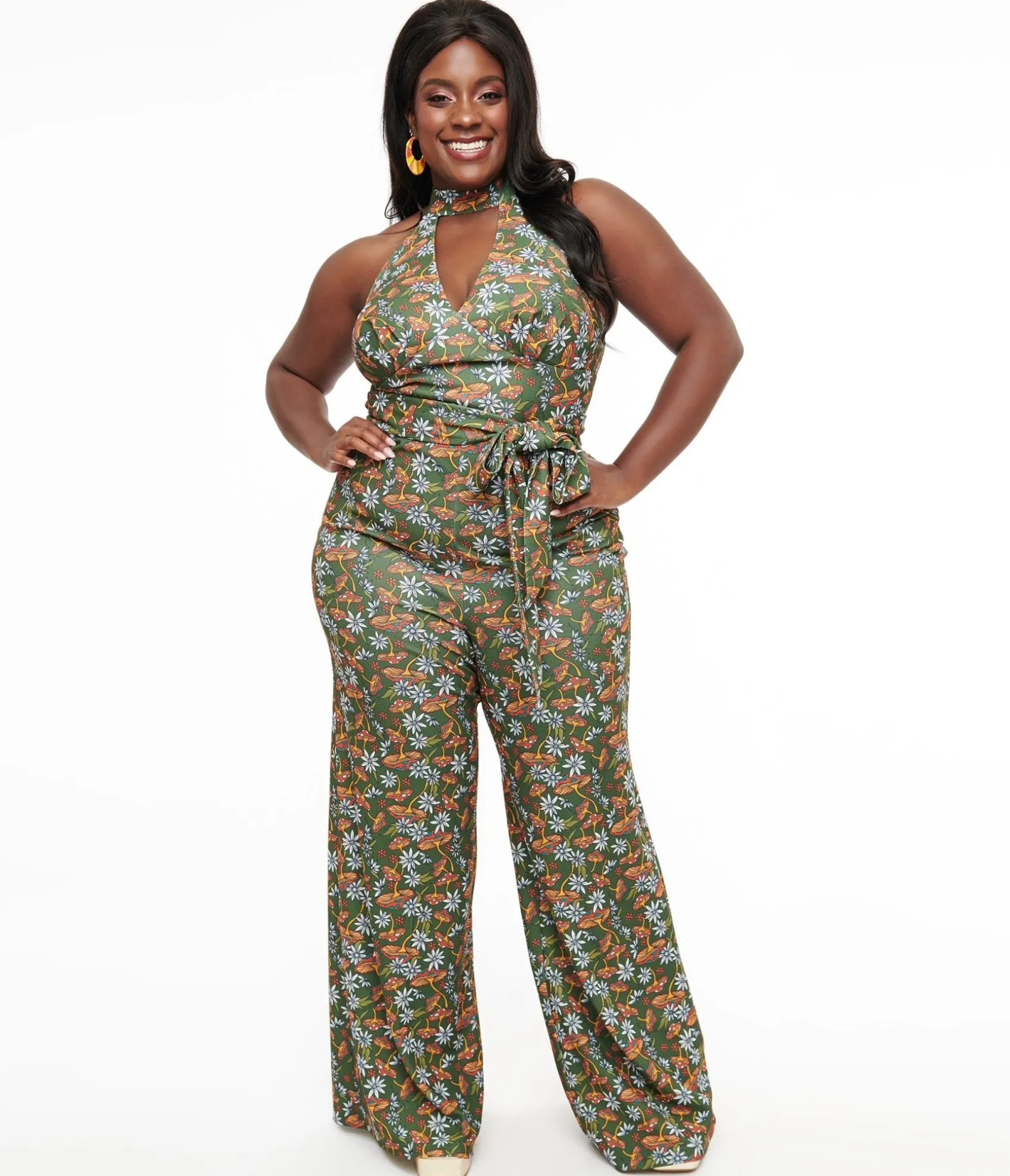 Unique Vintage Smak Parlour Plus Size 1960s Green & Orange Mushroom Glamour Goddess Jumpsuit Flash Sale
