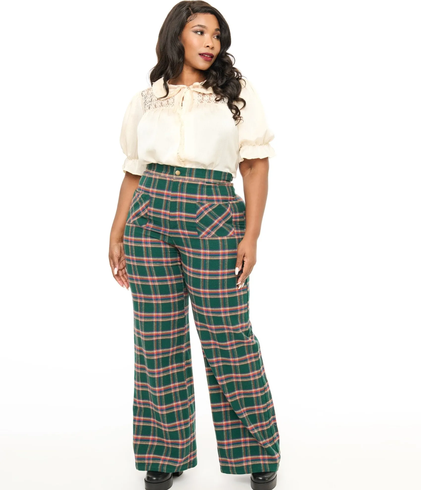 Unique Vintage Smak Parlour Plus Size 1960s Green & Red Plaid Wide Leg Trousers Sale