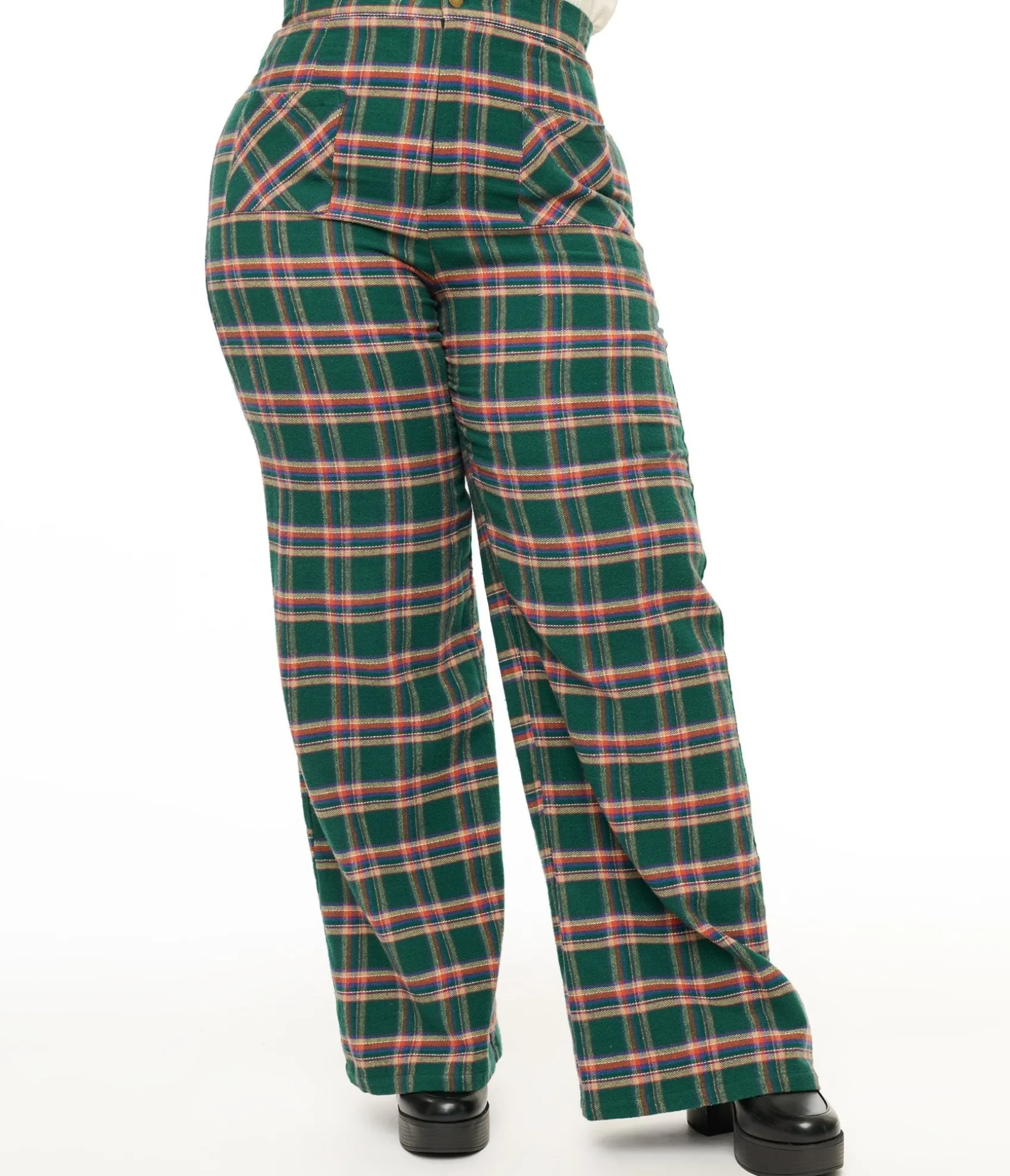 Unique Vintage Smak Parlour Plus Size 1960s Green & Red Plaid Wide Leg Trousers Sale