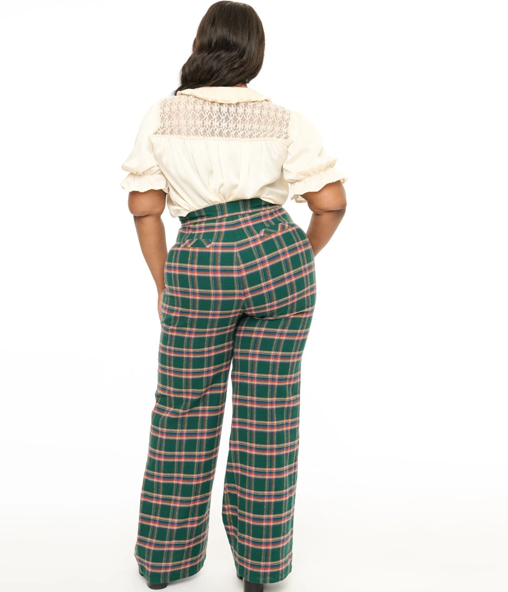 Unique Vintage Smak Parlour Plus Size 1960s Green & Red Plaid Wide Leg Trousers Sale