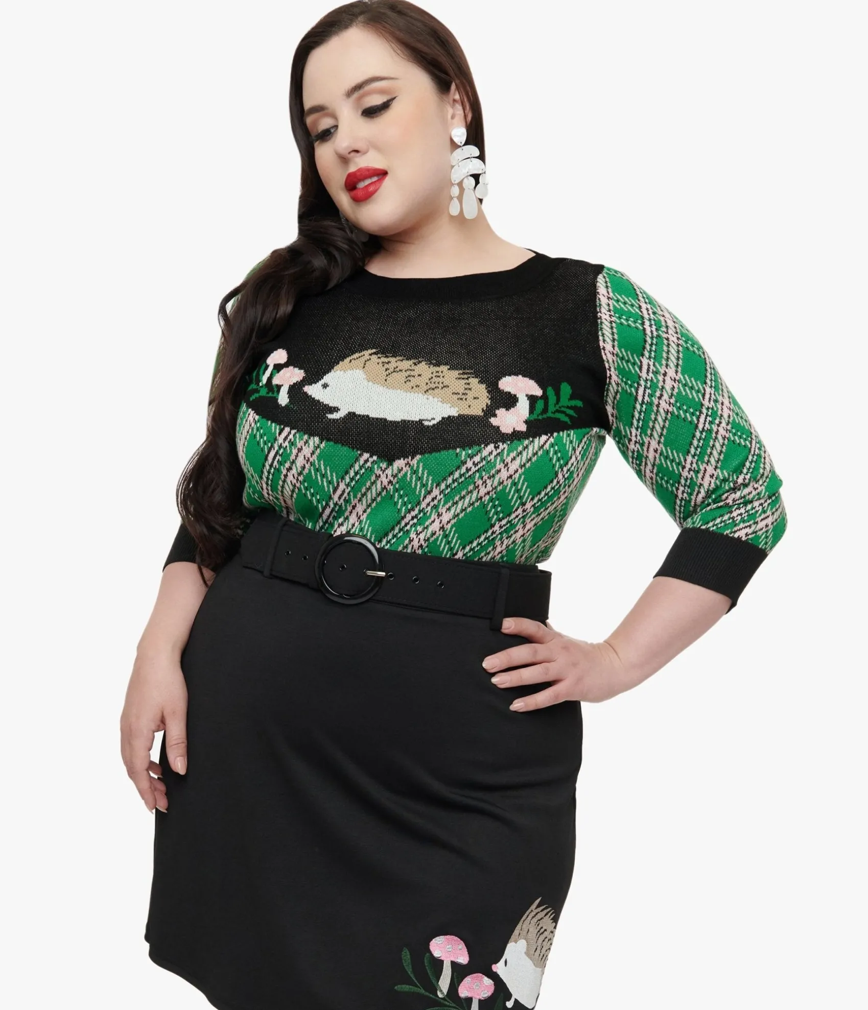 Unique Vintage Smak Parlour Plus Size 1960s Green Plaid & Hedgehog Sweater Cheap