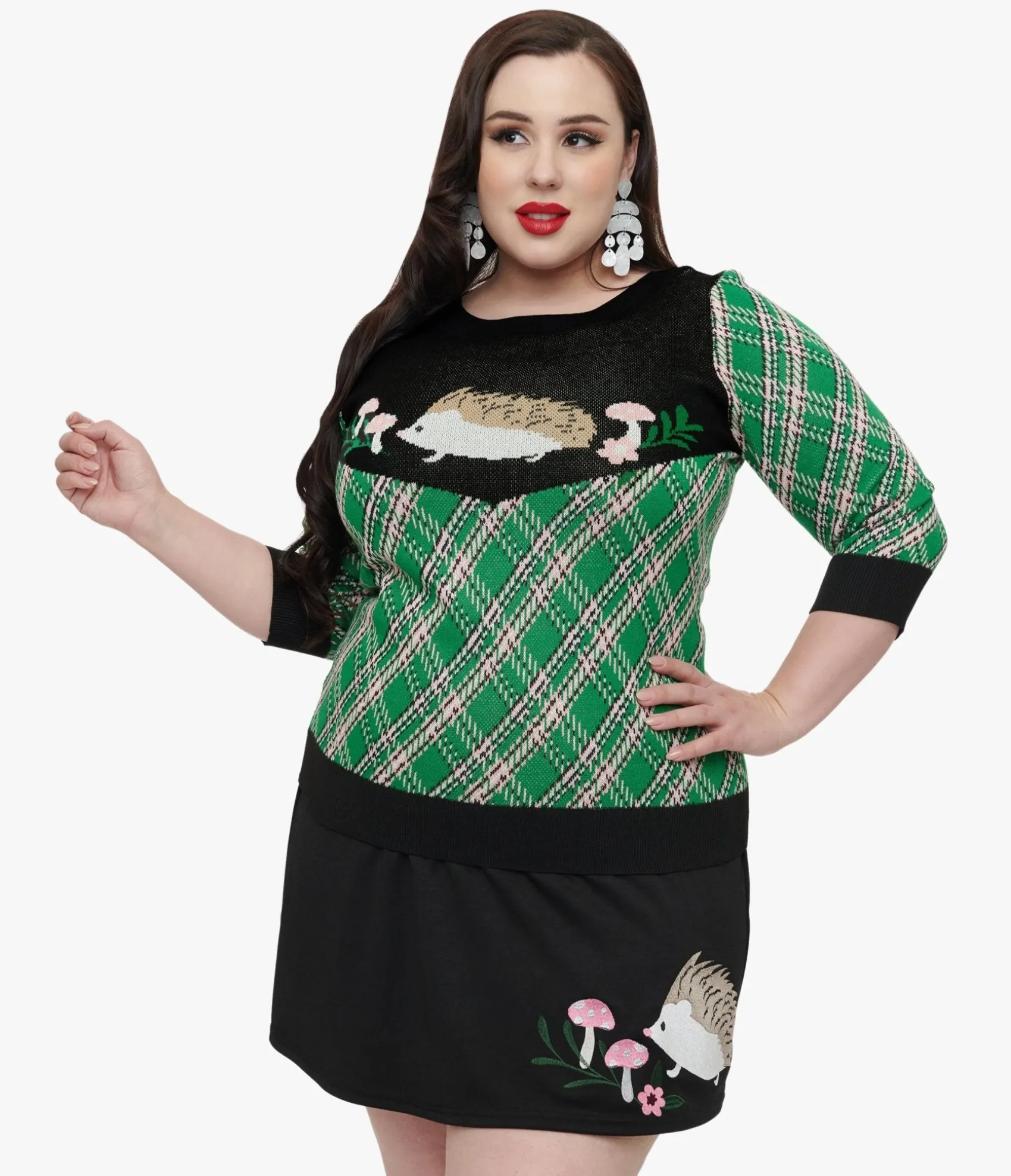 Unique Vintage Smak Parlour Plus Size 1960s Green Plaid & Hedgehog Sweater Cheap