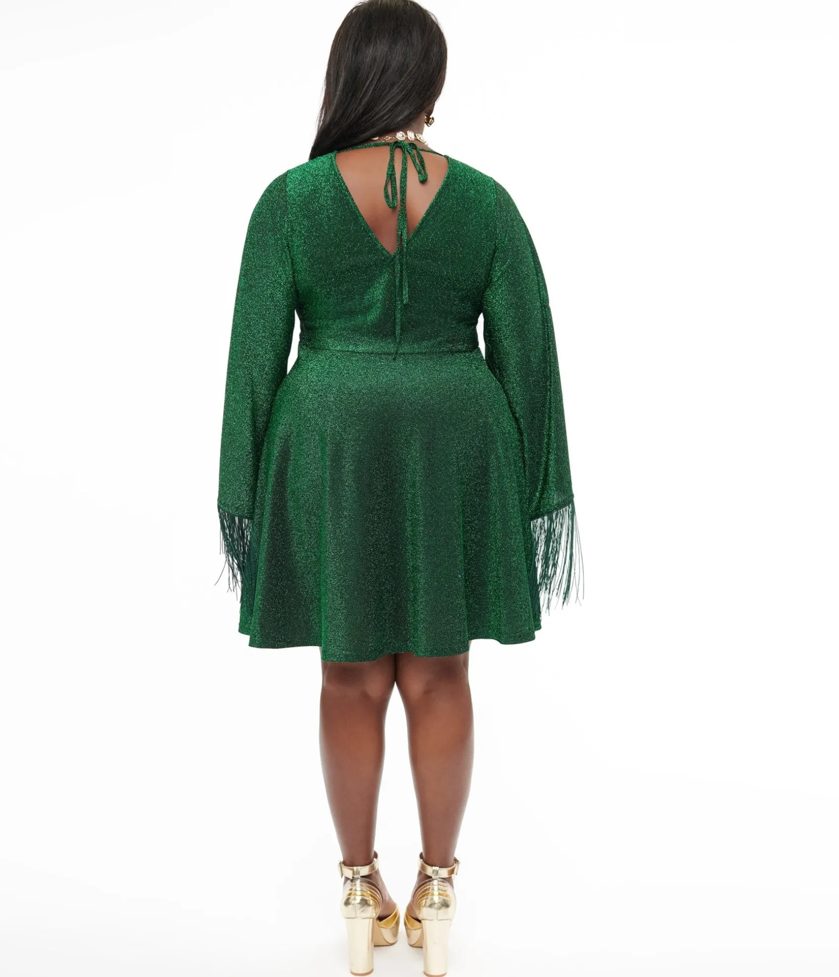 Unique Vintage Smak Parlour Plus Size 1970s Green Sparkle & Fringe Bell Sleeves Dress Flash Sale