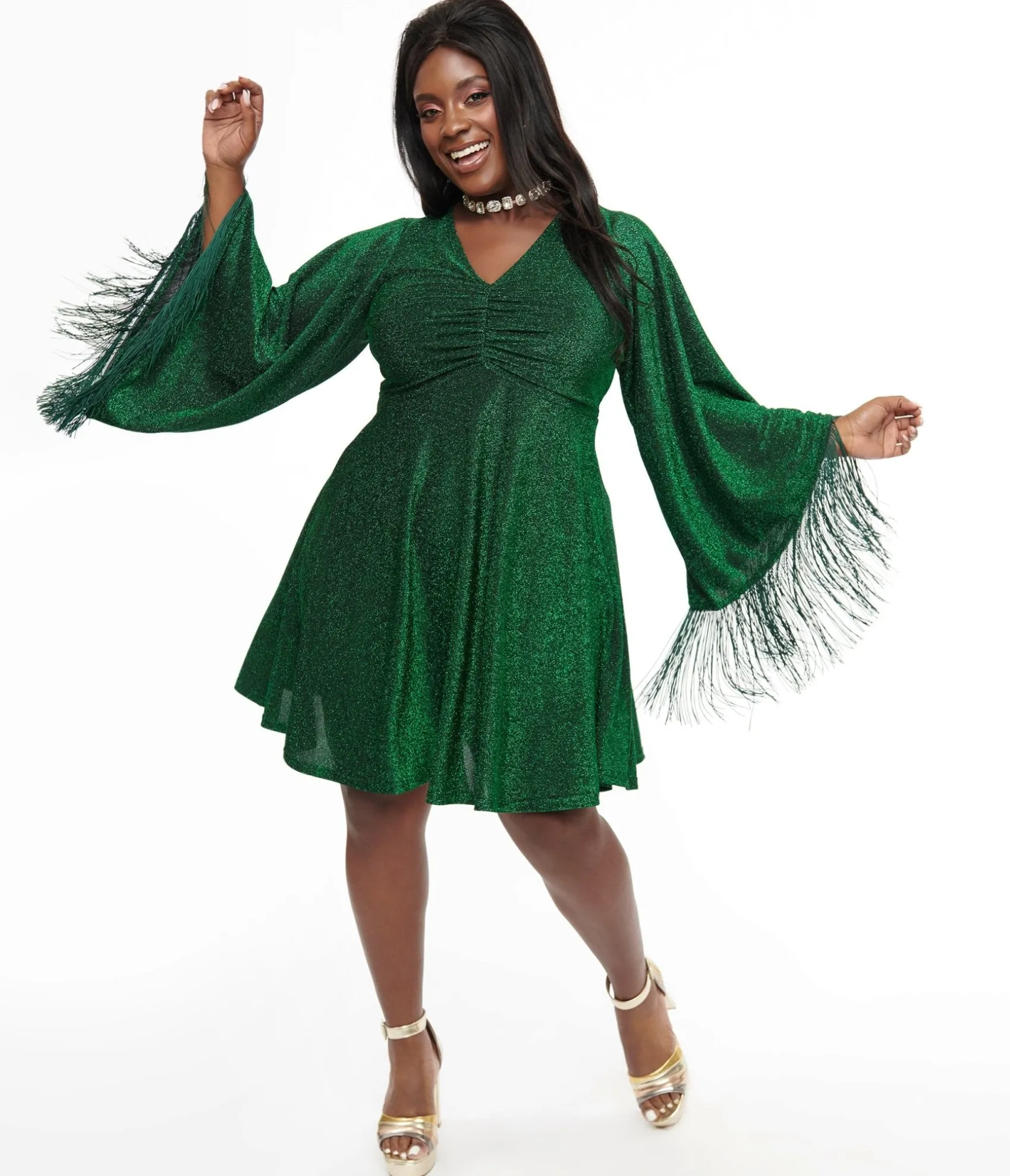 Unique Vintage Smak Parlour Plus Size 1970s Green Sparkle & Fringe Bell Sleeves Dress Flash Sale