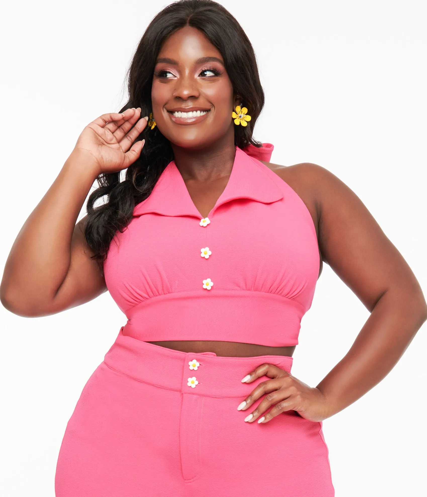 Unique Vintage Smak Parlour Plus Size 1960s Hot Pink Halter Crop Top Online