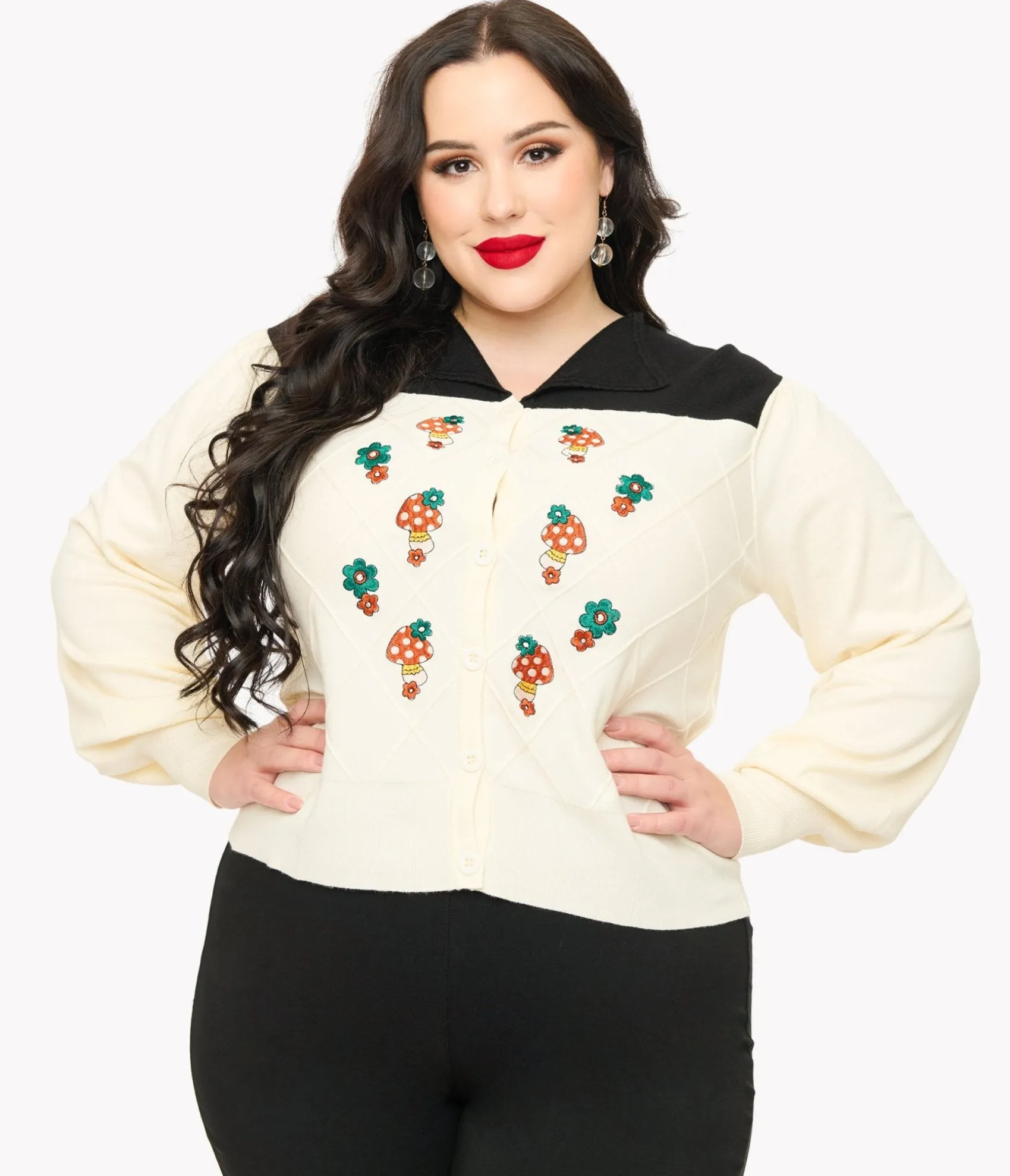 Unique Vintage Smak Parlour Plus Size 1960s Ivory & Black Mushroom Embroidered Cardigan Cheap