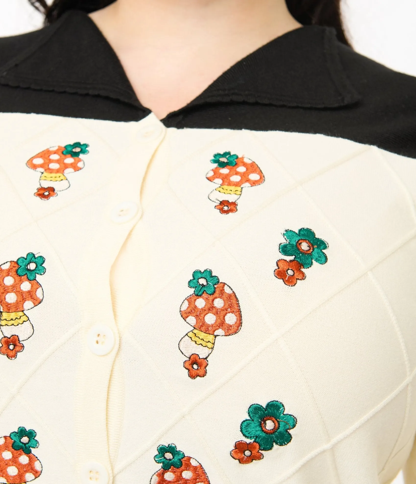 Unique Vintage Smak Parlour Plus Size 1960s Ivory & Black Mushroom Embroidered Cardigan Cheap