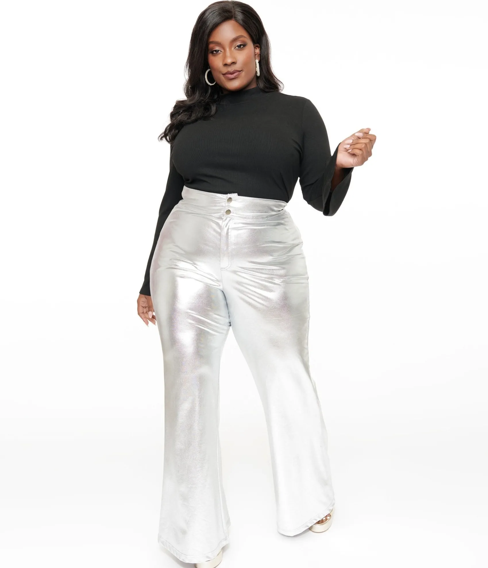 Unique Vintage Smak Parlour Plus Size 1960s Metallic Silver High Waist Flare Pants Store