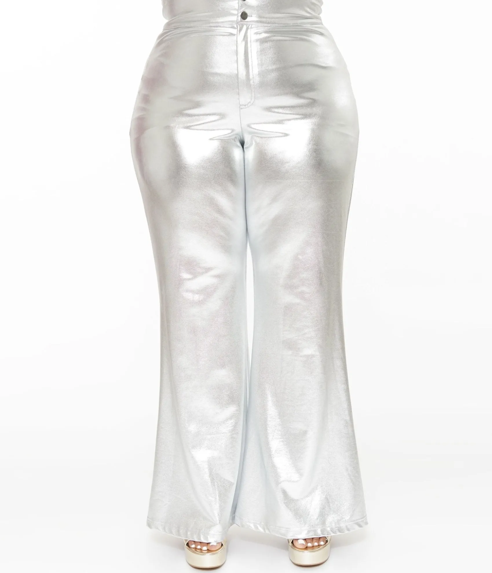Unique Vintage Smak Parlour Plus Size 1960s Metallic Silver High Waist Flare Pants Store