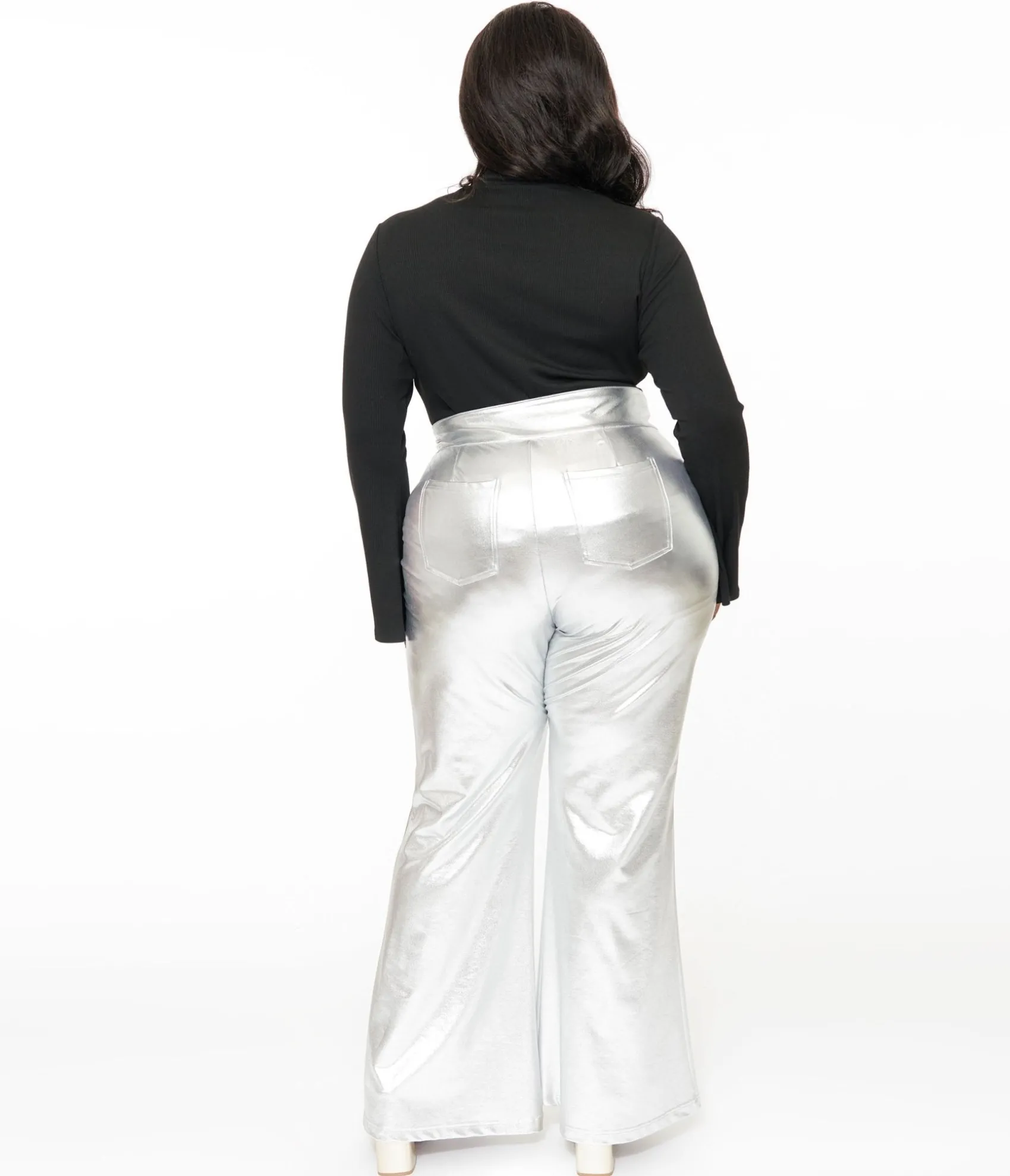 Unique Vintage Smak Parlour Plus Size 1960s Metallic Silver High Waist Flare Pants Store
