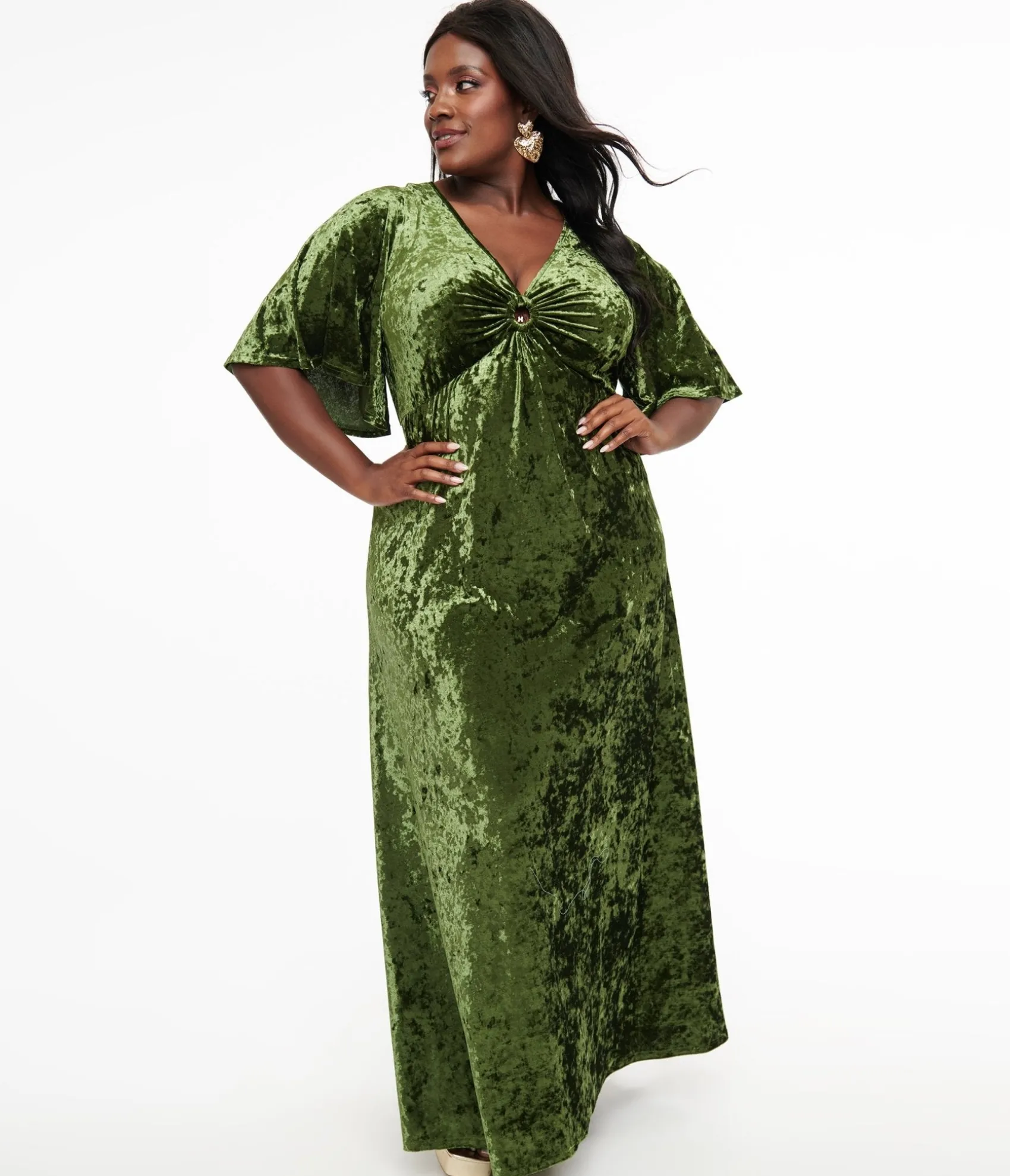Unique Vintage Smak Parlour Plus Size 1970s Mossy Green Velvet Cutout Maxi Dress New