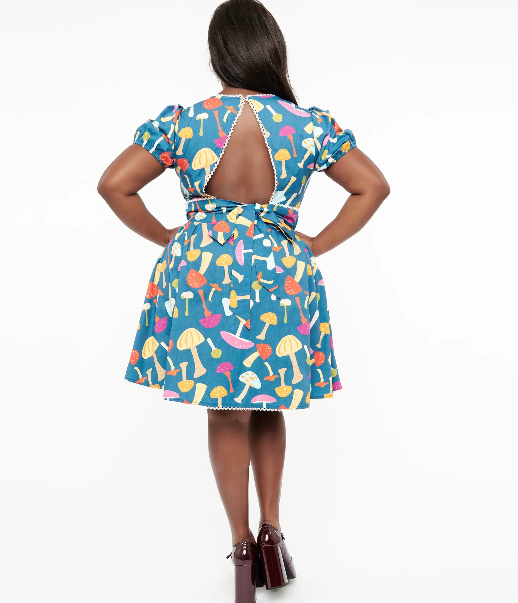 Unique Vintage Smak Parlour Plus Size 1960s Navy.& Rainbow Mushroom Open Back Flare Dress Sale