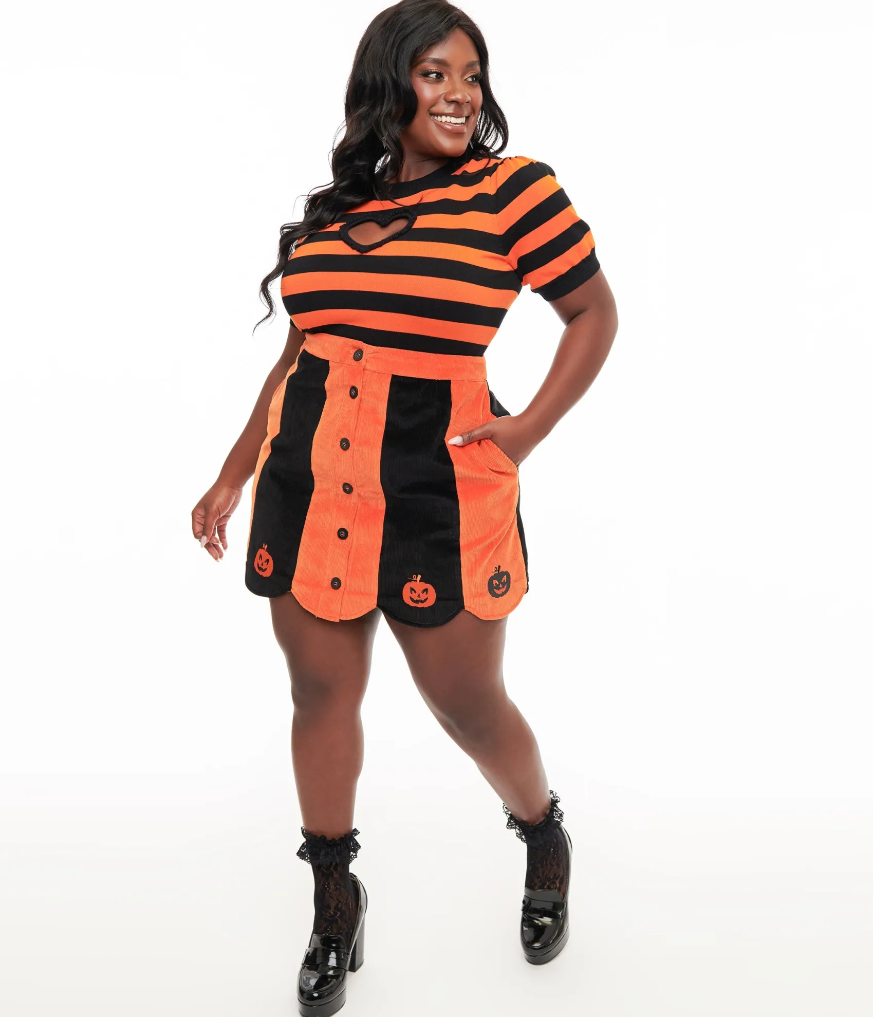 Unique Vintage Smak Parlour Plus Size 1960s Orange & Black Pumpkin Corduroy Mini Skirt Online