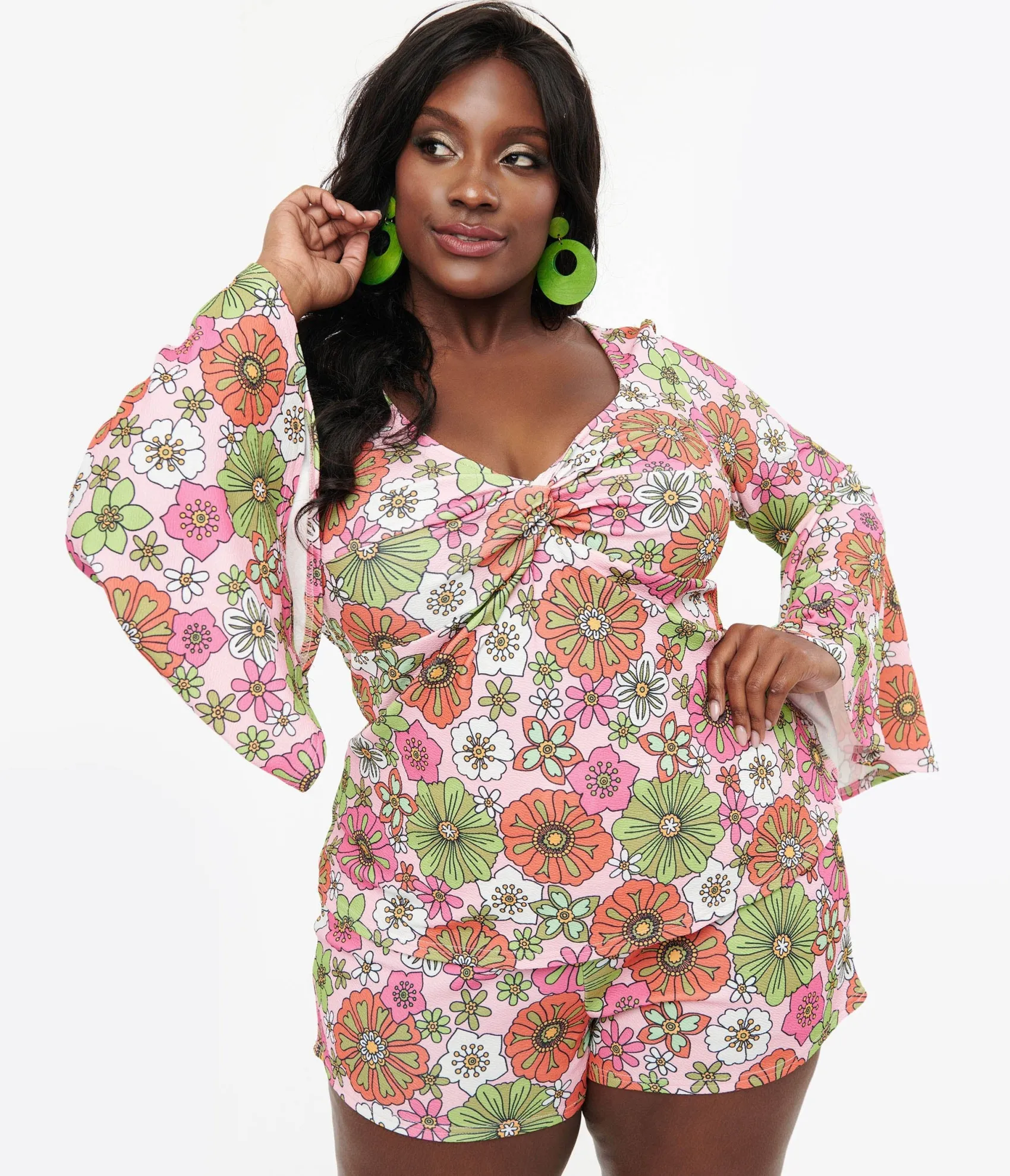 Unique Vintage Smak Parlour Plus Size 1960s Pink Retro Bloom Trumpet Sleeve Top Discount