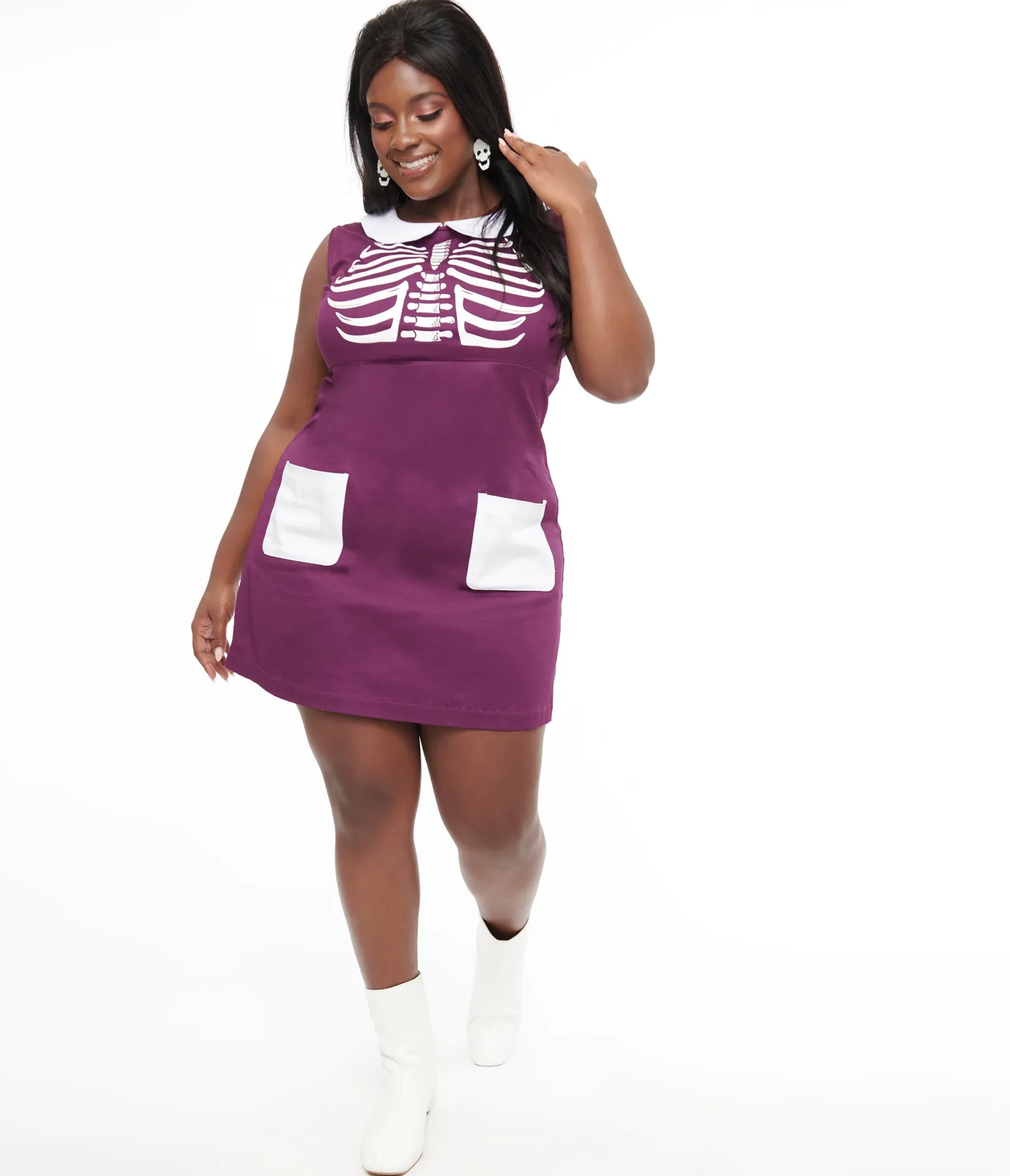 Unique Vintage Smak Parlour Plus Size 1960s Purple & White Skeleton Power Mini Dress Clearance