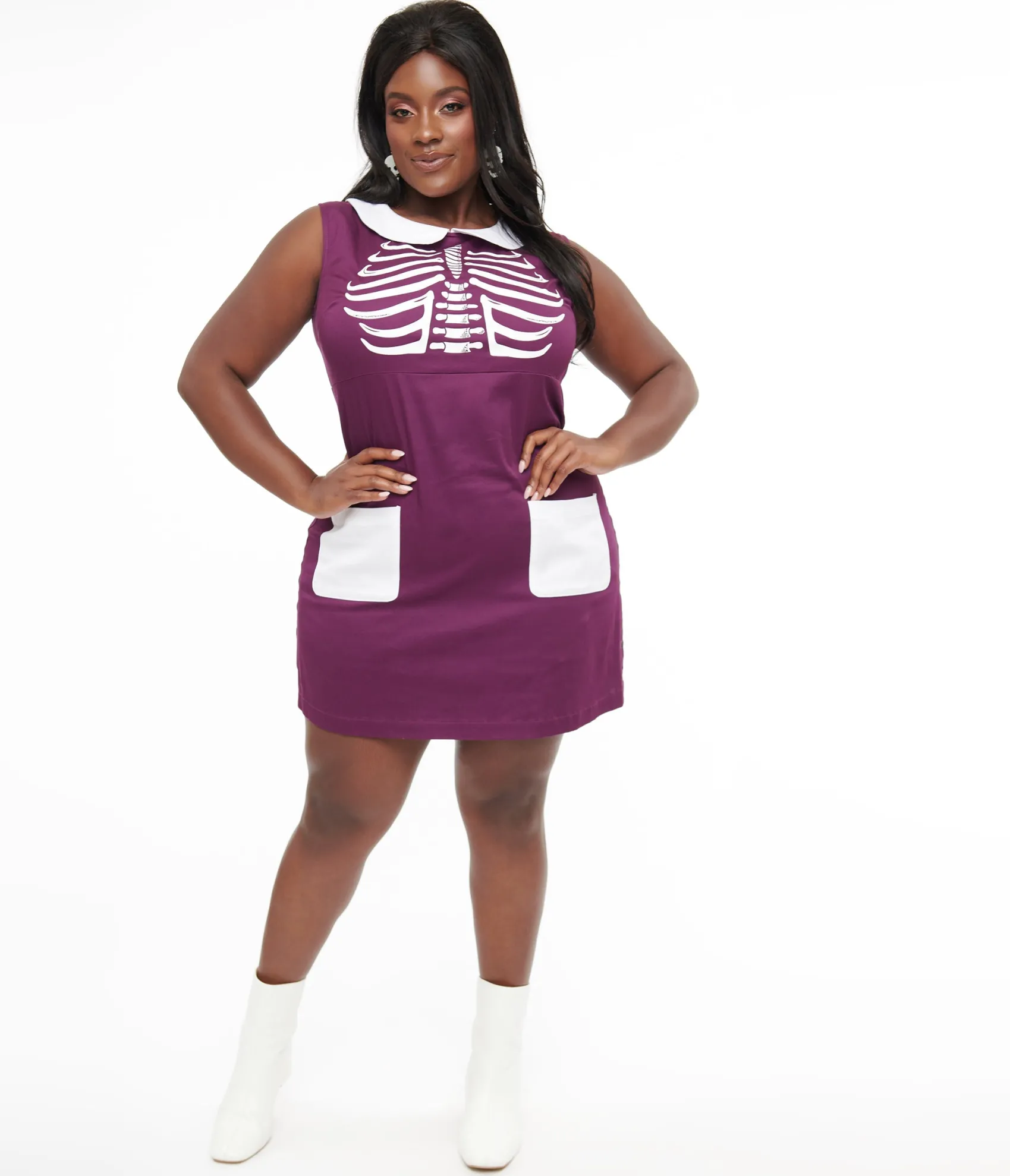 Unique Vintage Smak Parlour Plus Size 1960s Purple & White Skeleton Power Mini Dress Clearance