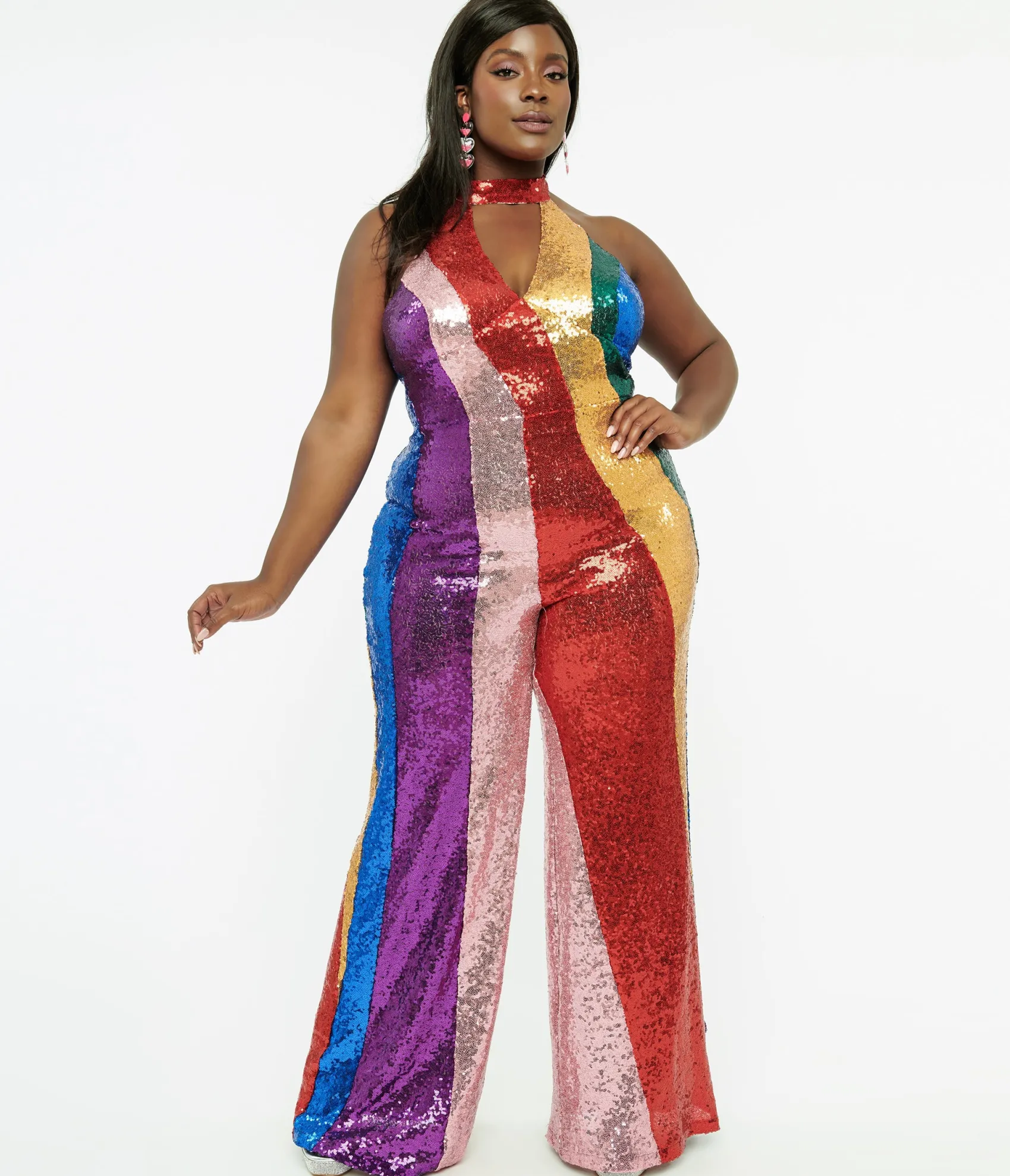Unique Vintage Smak Parlour Plus Size 1960s Rainbow Sequin Glamour Goddess Jumpsuit Cheap