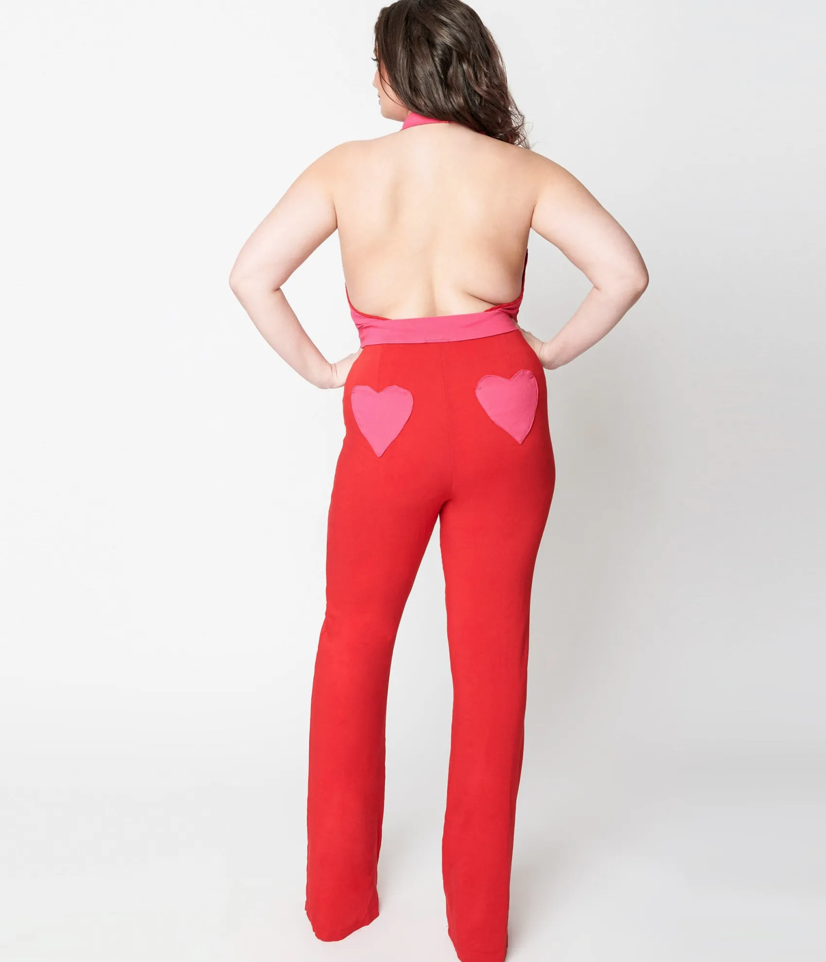 Unique Vintage Smak Parlour Plus Size 1970s Red & Pink Heart Pocket Front Zip Halter Jumpsuit Shop