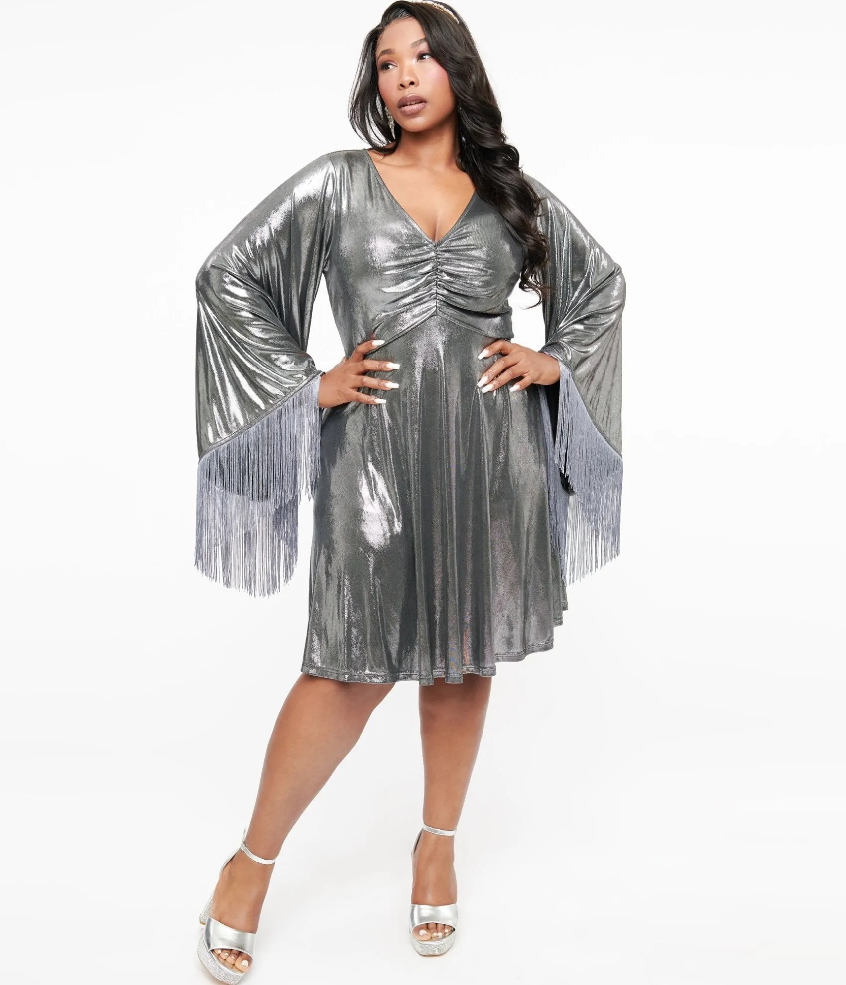Unique Vintage Smak Parlour Plus Size 1970s Silver Metallic Fringe Fit & Flare Dress Sale
