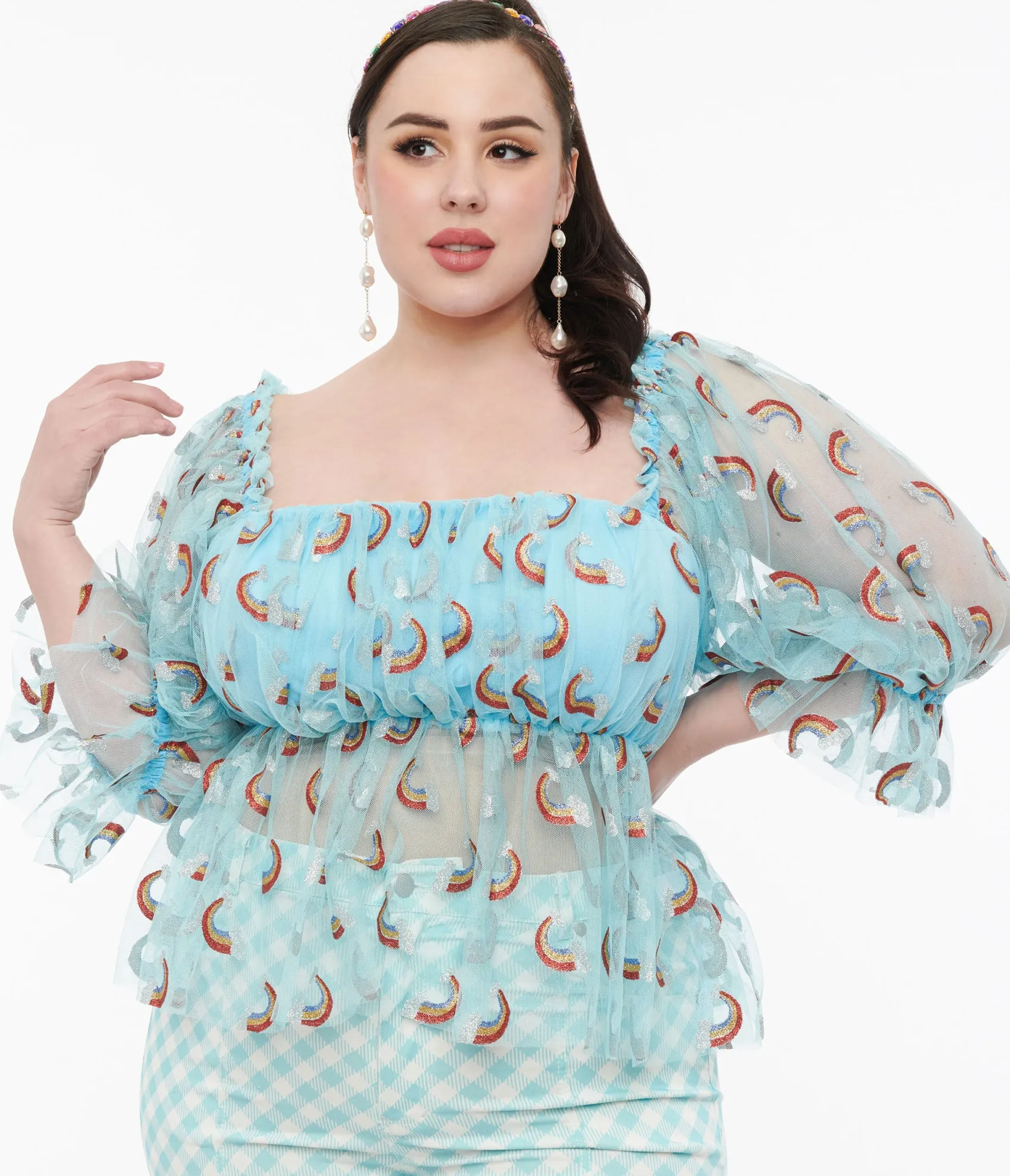 Unique Vintage Smak Parlour Plus Size 1960s Sky Blue & Glitter Rainbow Mesh Ruffle Babydoll Top New