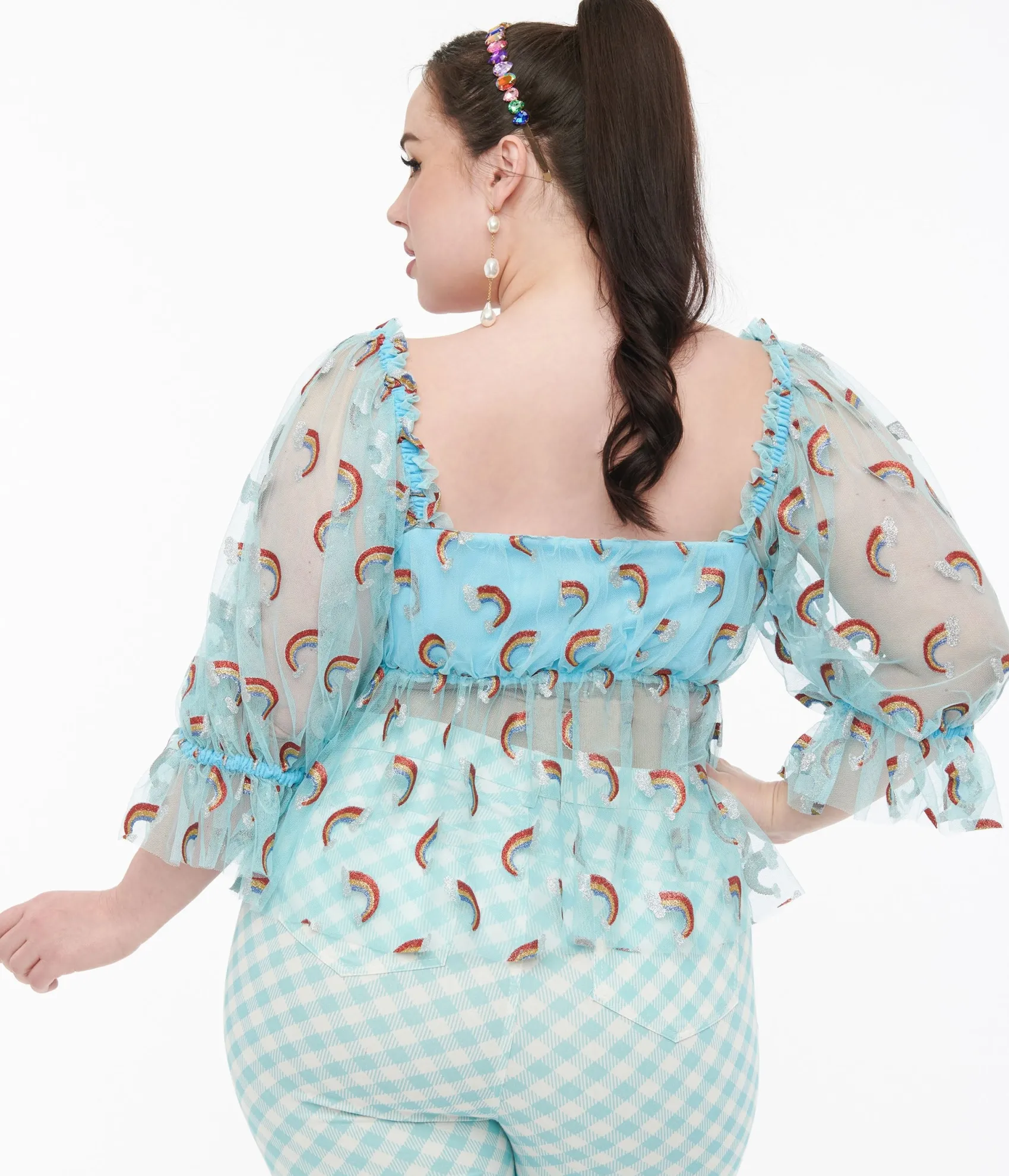 Unique Vintage Smak Parlour Plus Size 1960s Sky Blue & Glitter Rainbow Mesh Ruffle Babydoll Top New