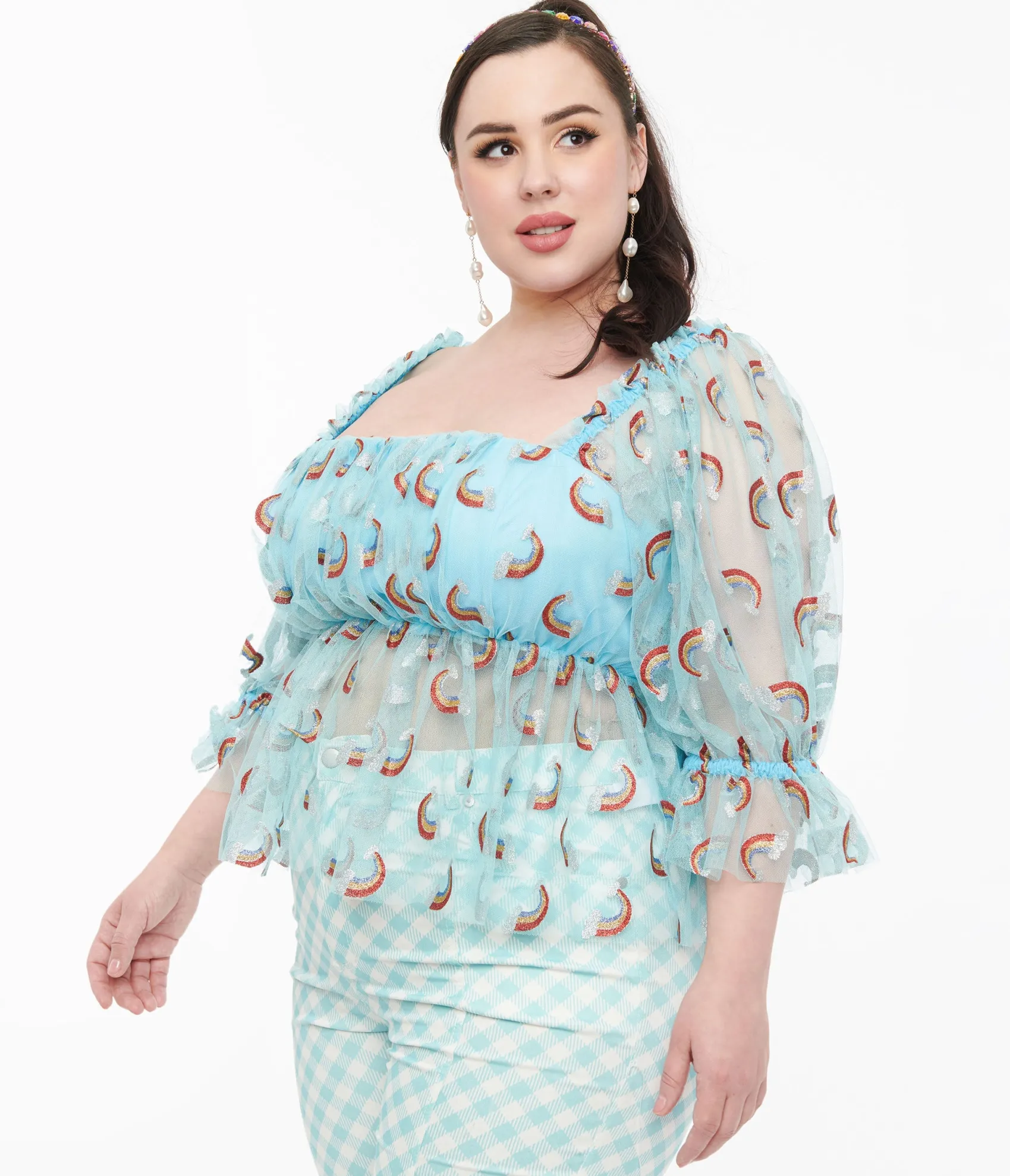 Unique Vintage Smak Parlour Plus Size 1960s Sky Blue & Glitter Rainbow Mesh Ruffle Babydoll Top New